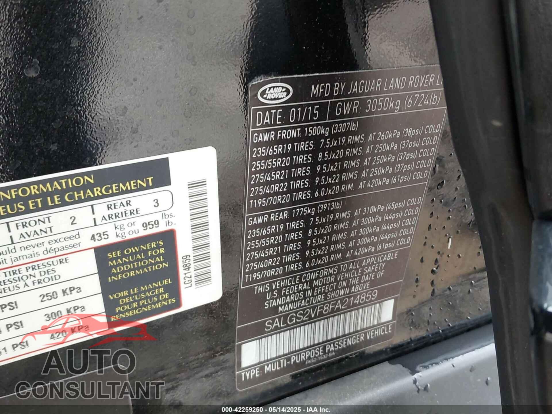 LAND ROVER RANGE ROVER 2015 - SALGS2VF8FA214859
