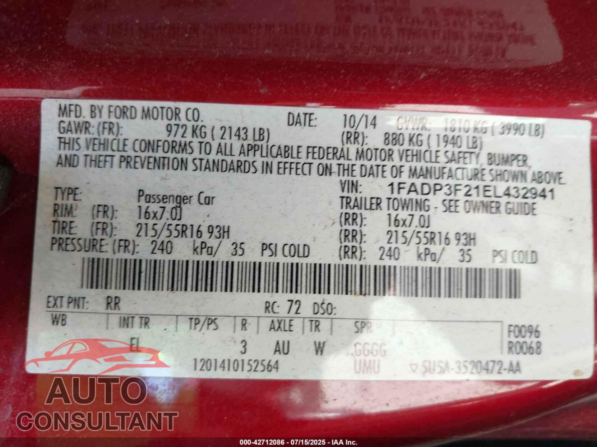 FORD FOCUS 2014 - 1FADP3F21EL432941