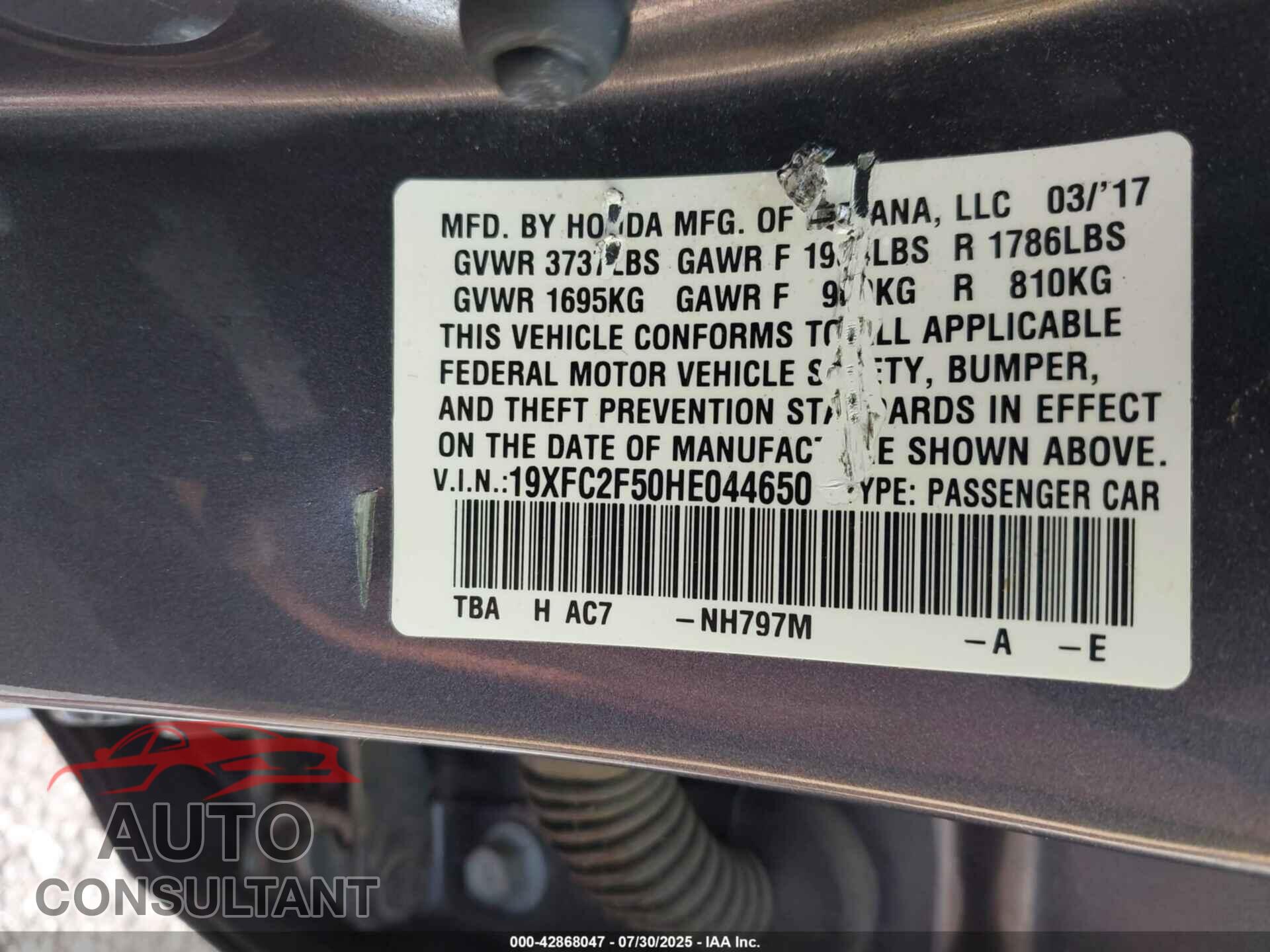 HONDA CIVIC 2017 - 19XFC2F50HE044650
