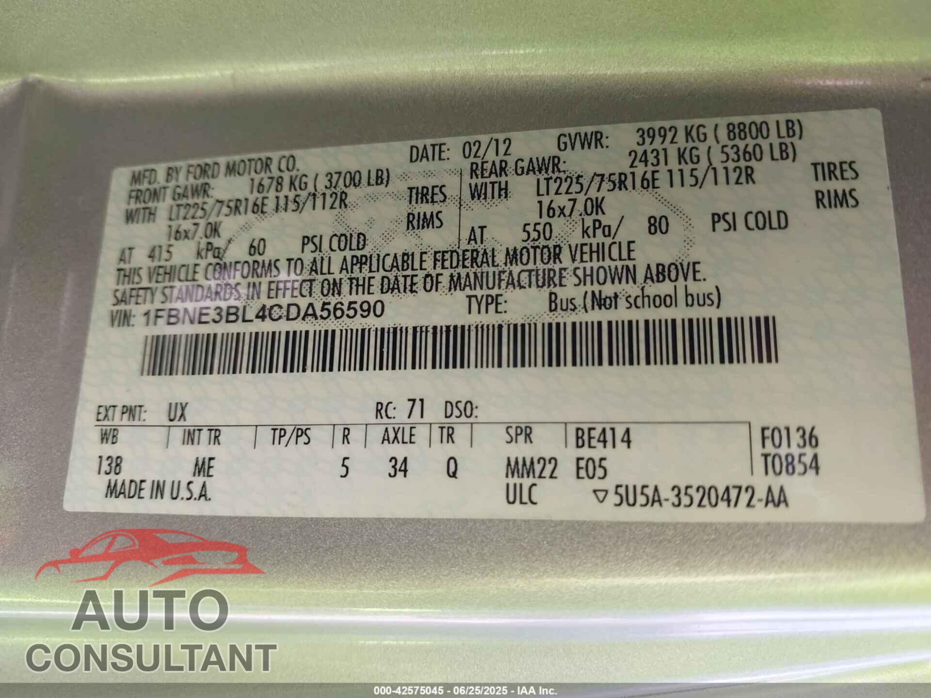FORD E-350 SUPER DUTY 2012 - 1FBNE3BL4CDA56590