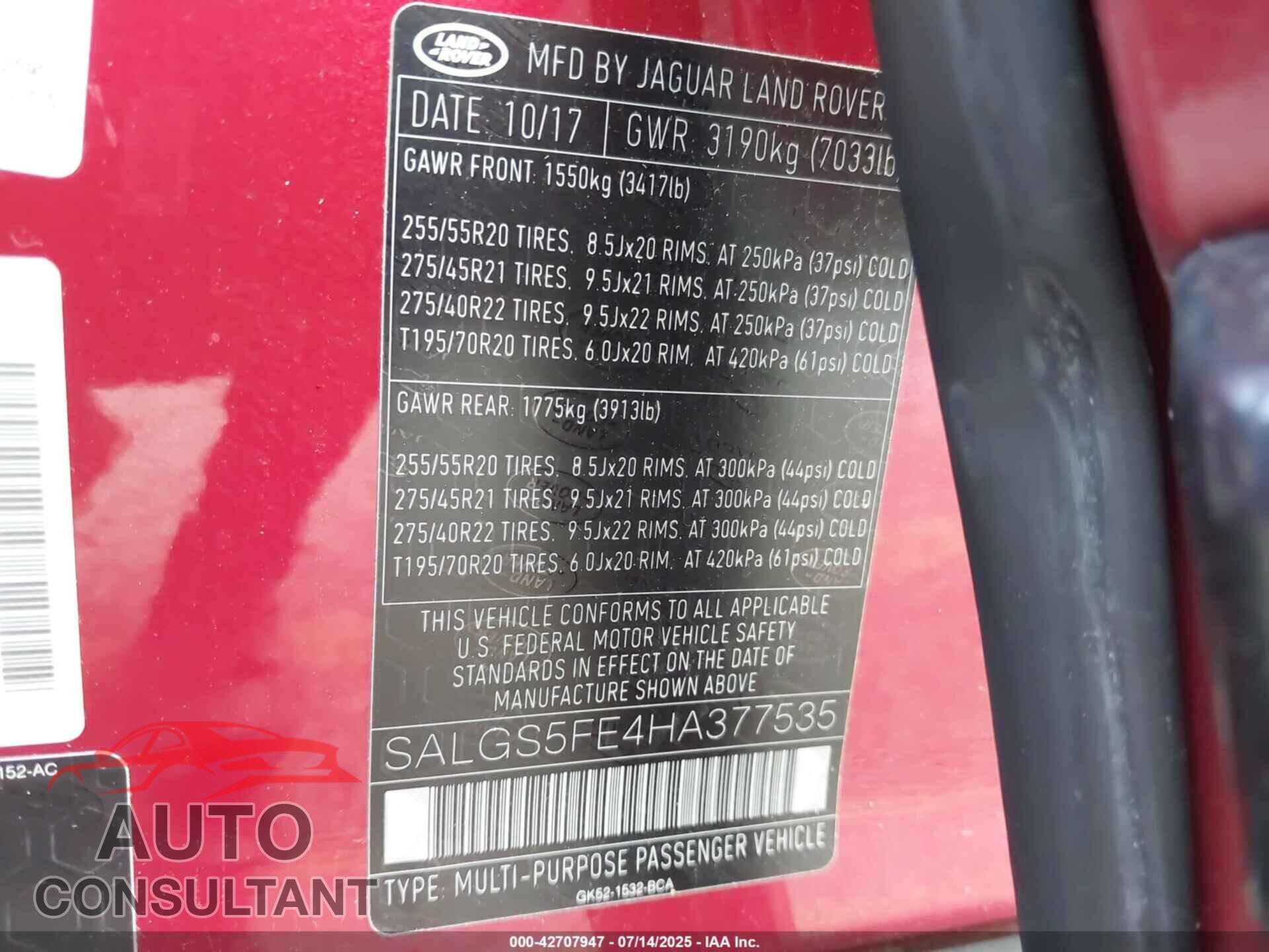 LAND ROVER RANGE ROVER 2017 - SALGS5FE4HA377535