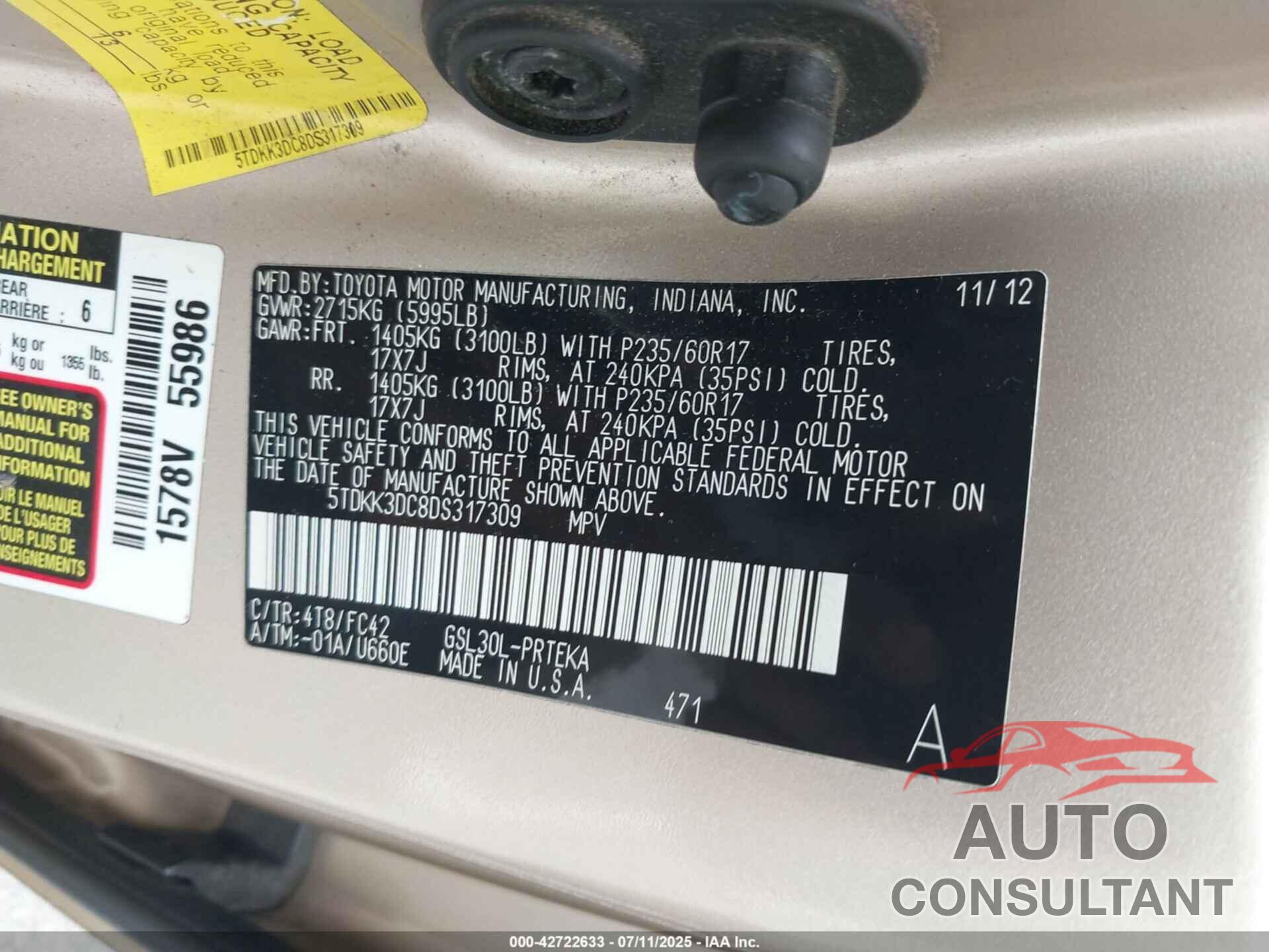 TOYOTA SIENNA 2013 - 5TDKK3DC8DS317309