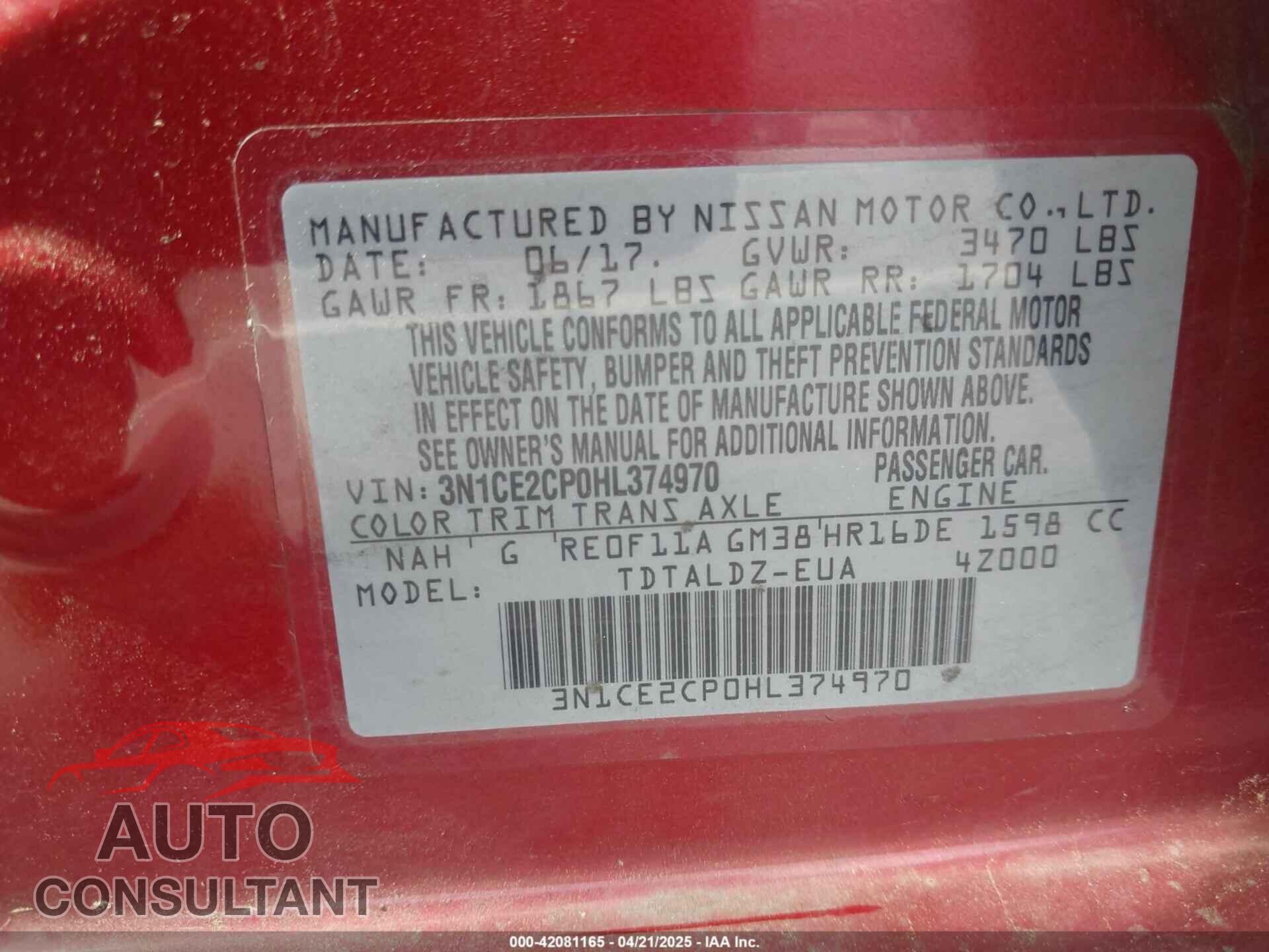 NISSAN VERSA NOTE 2017 - 3N1CE2CP0HL374970