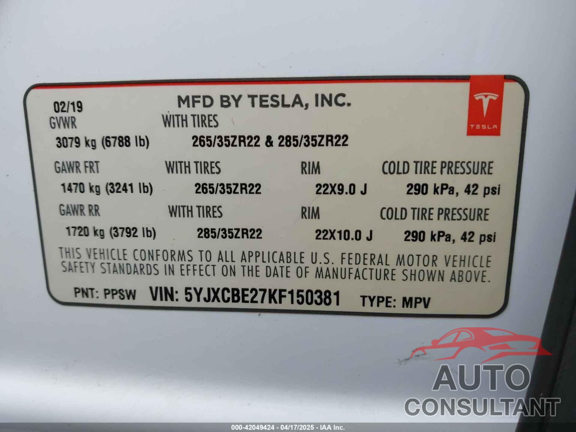 TESLA MODEL X 2019 - 5YJXCBE27KF150381