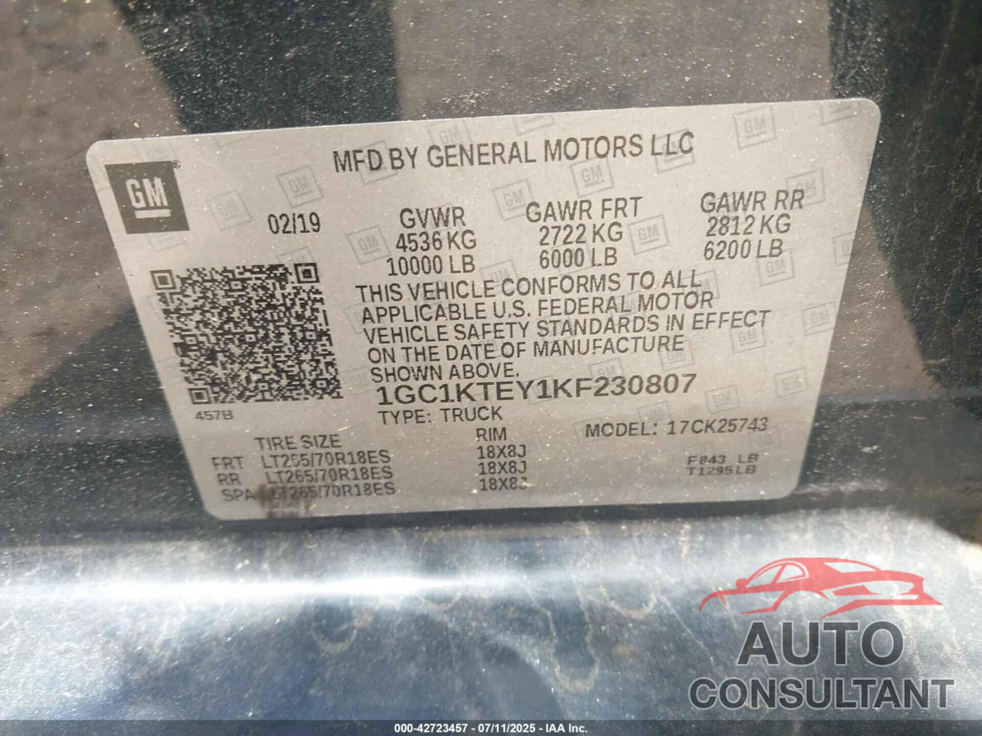 CHEVROLET SILVERADO 2500HD 2019 - 1GC1KTEY1KF230807