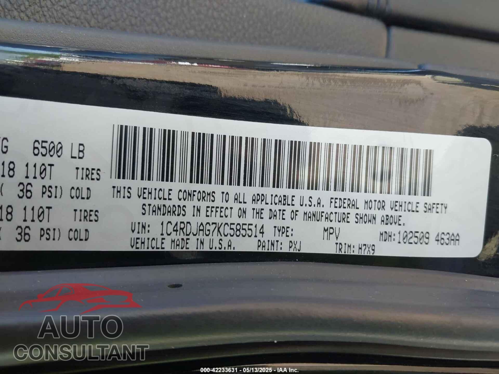 DODGE DURANGO 2019 - 1C4RDJAG7KC585514
