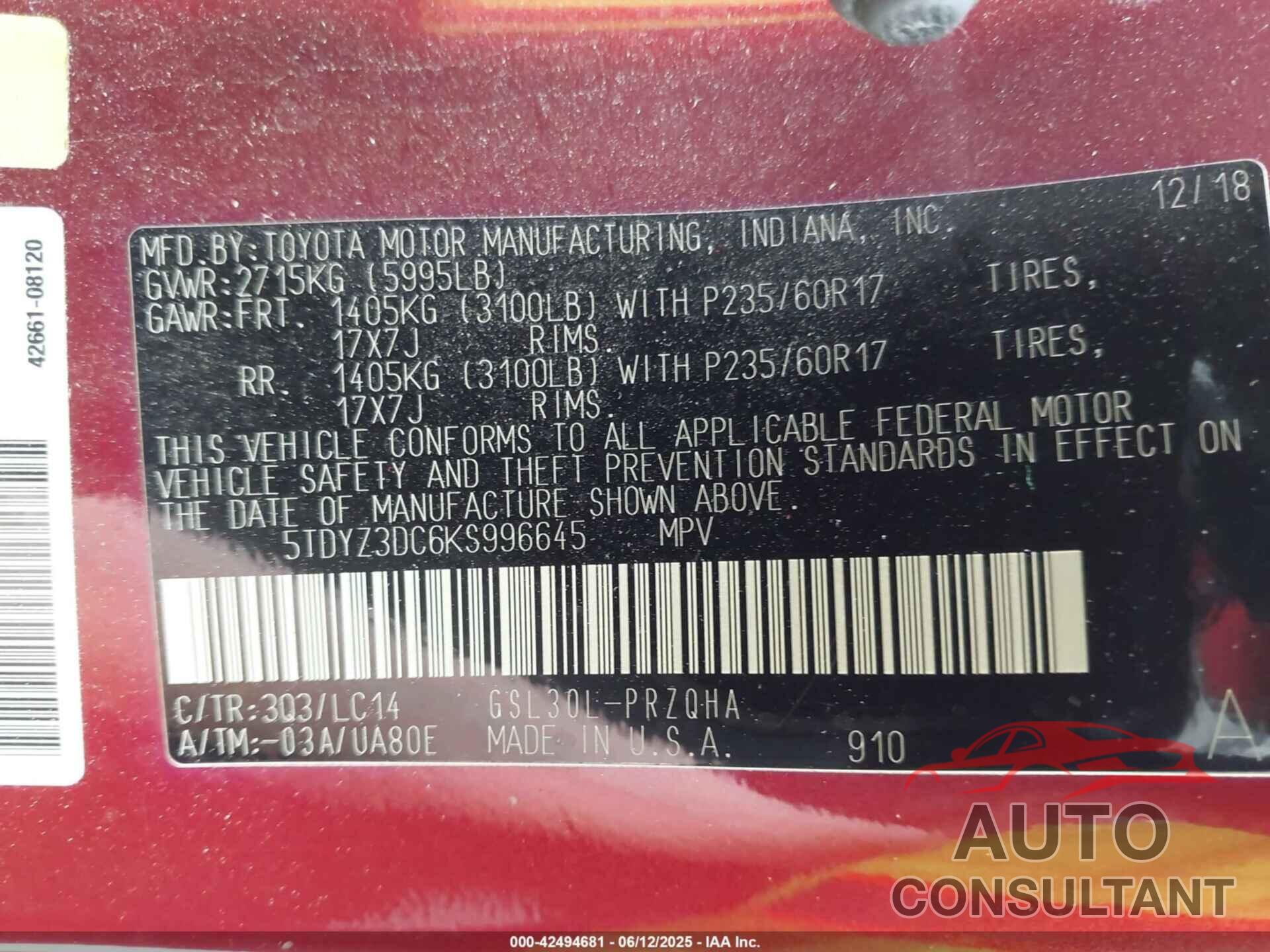 TOYOTA SIENNA 2019 - 5TDYZ3DC6KS996645