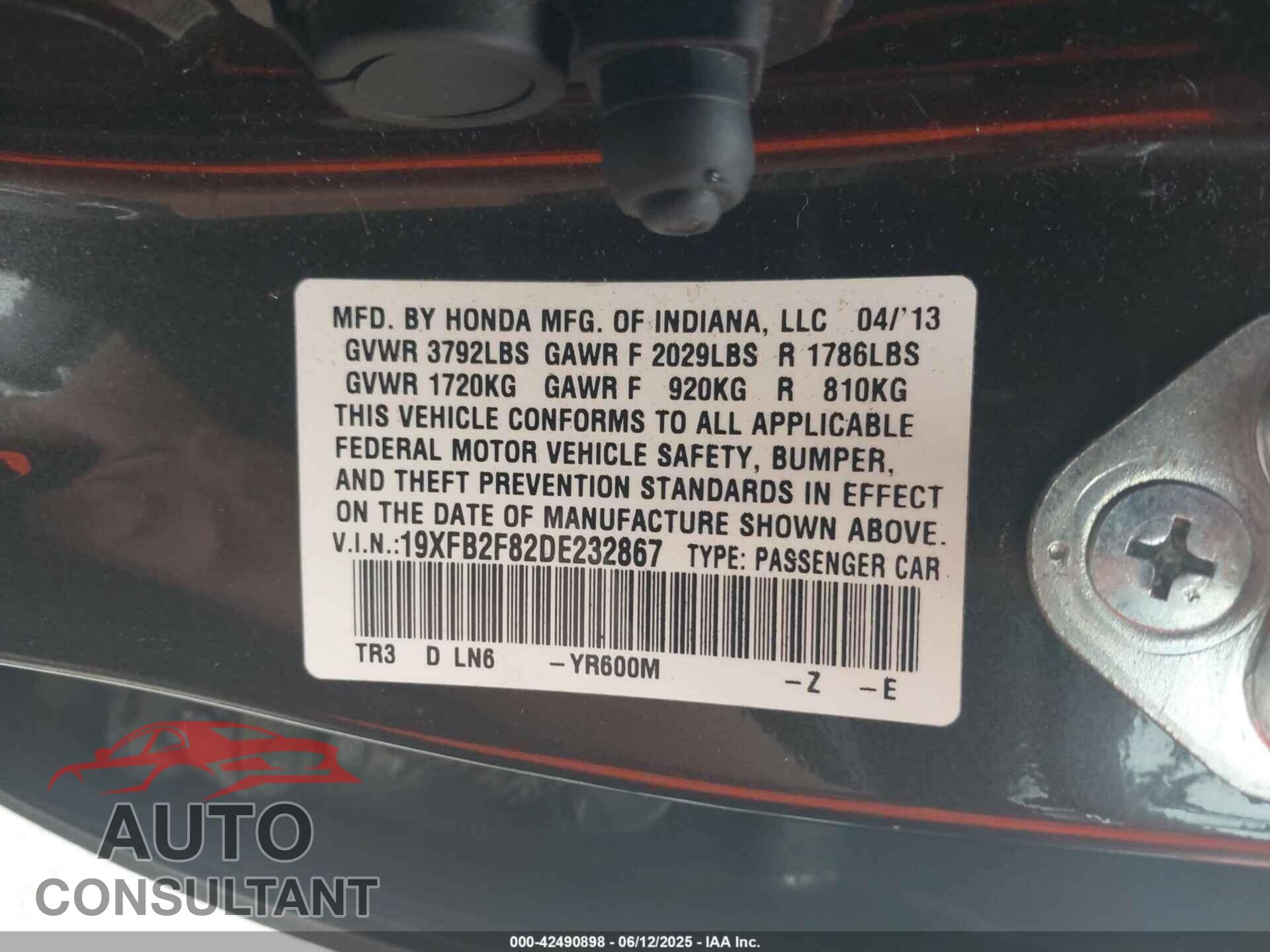 HONDA CIVIC 2013 - 19XFB2F82DE232867