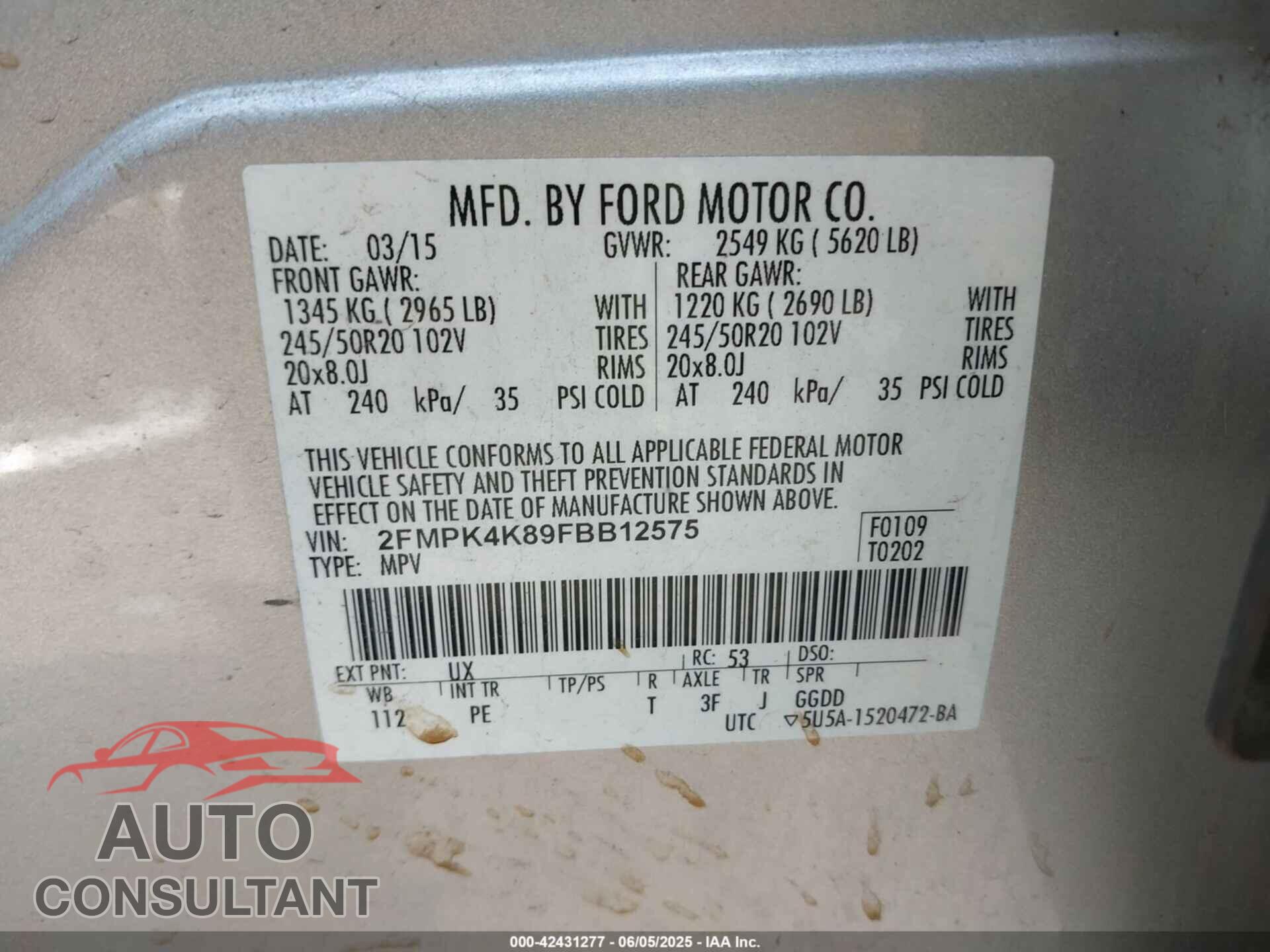 FORD EDGE 2015 - 2FMPK4K89FBB12575