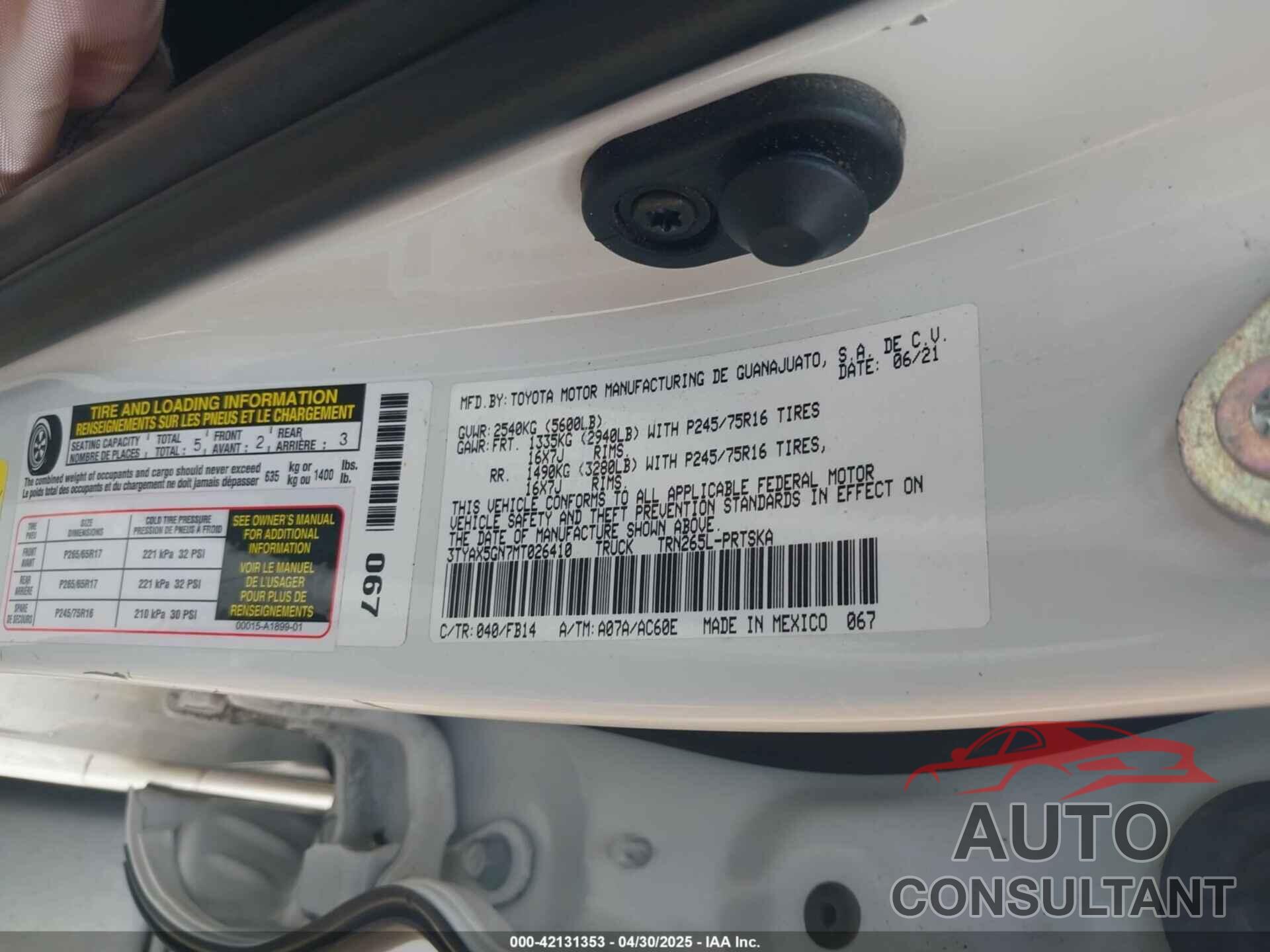 TOYOTA TACOMA 2021 - 3TYAX5GN7MT026410