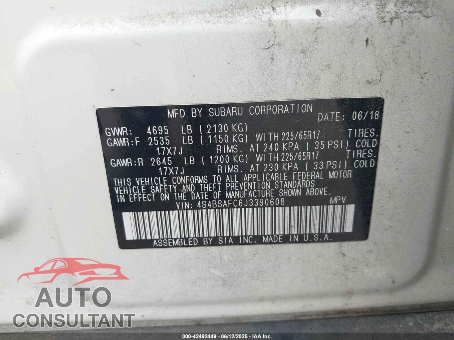 SUBARU OUTBACK 2018 - 4S4BSAFC6J3390608