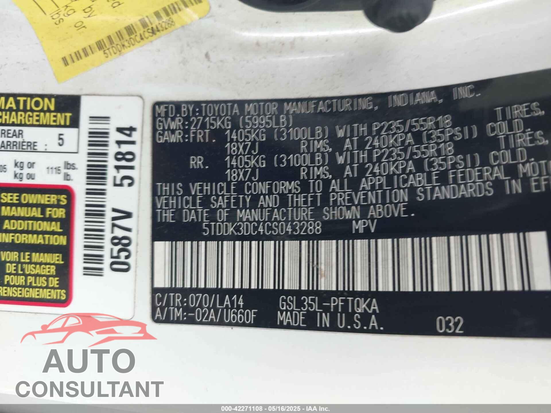 TOYOTA SIENNA 2012 - 5TDDK3DC4CS043288
