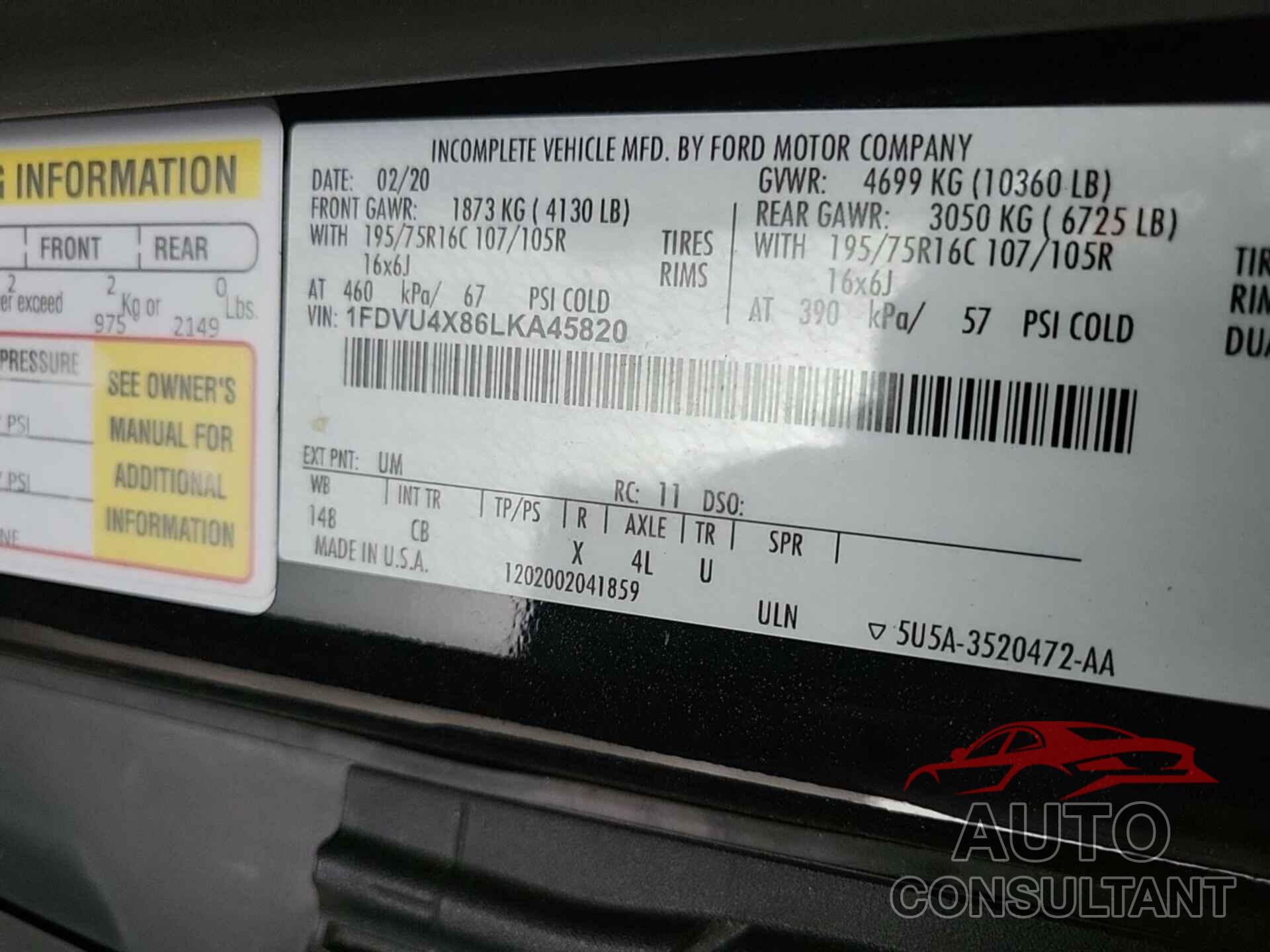 FORD TRANSIT 2020 - 1FDVU4X86LKA45820