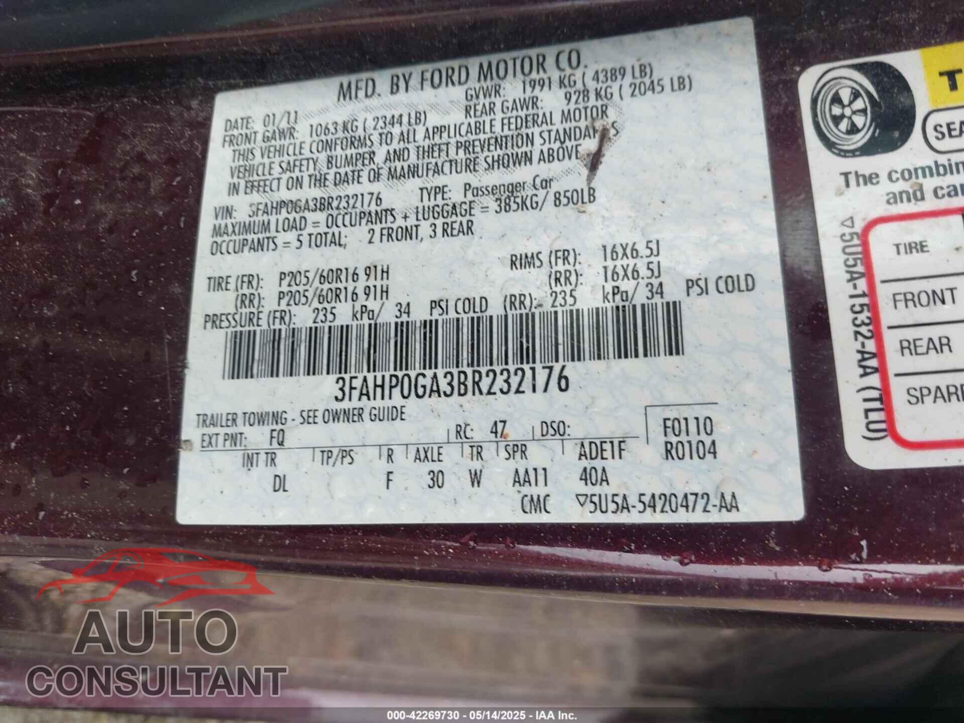FORD FOCUS 2011 - 3FAHP06A3BR232176