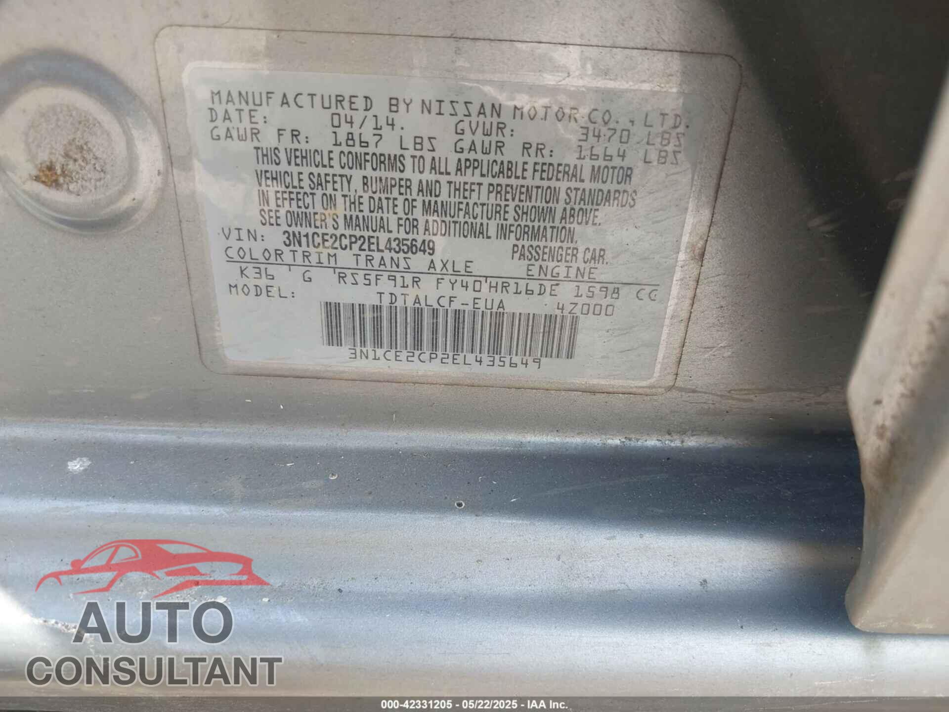 NISSAN VERSA NOTE 2014 - 3N1CE2CP2EL435649