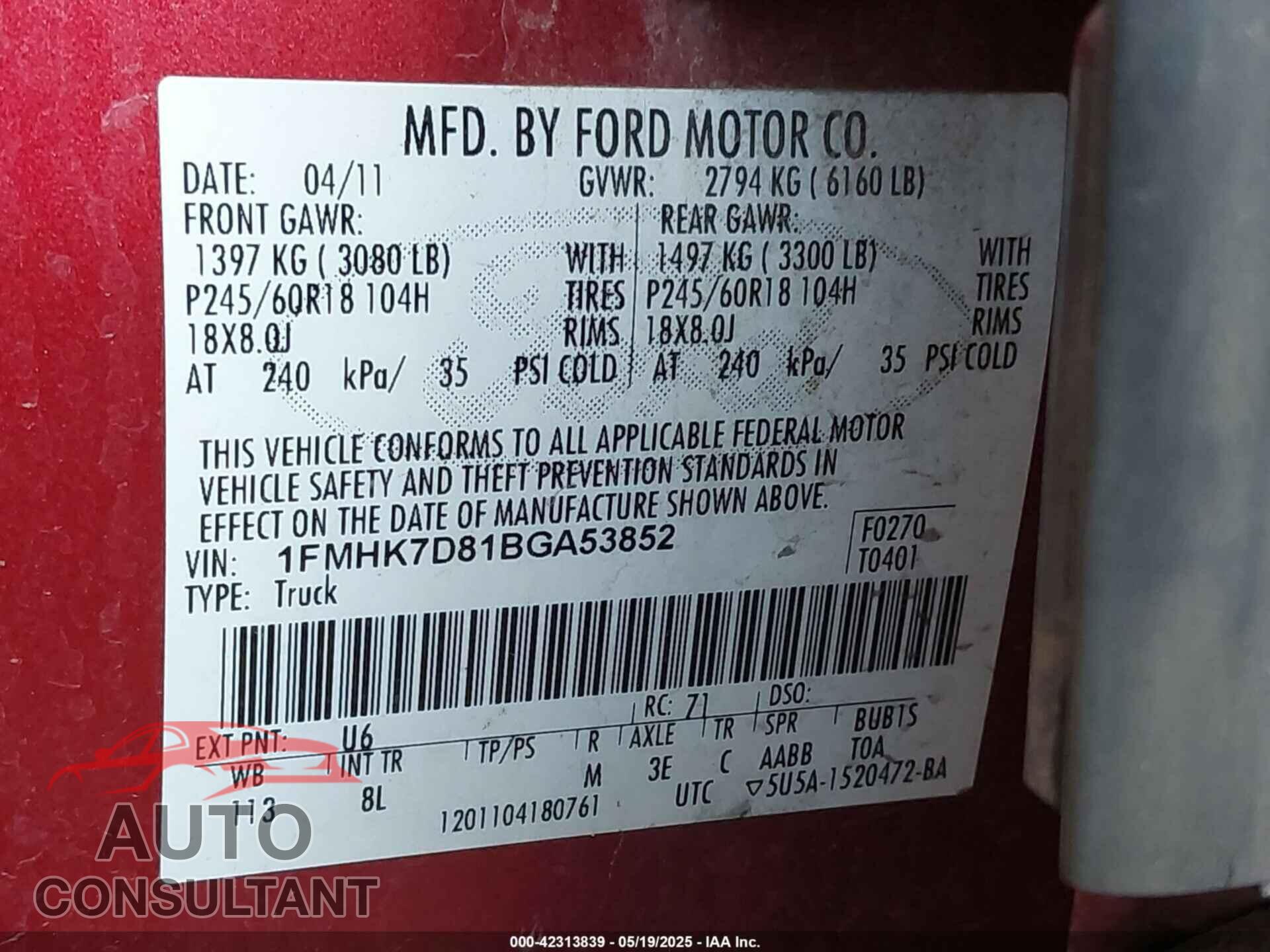 FORD EXPLORER 2011 - 1FMHK7D81BGA53852