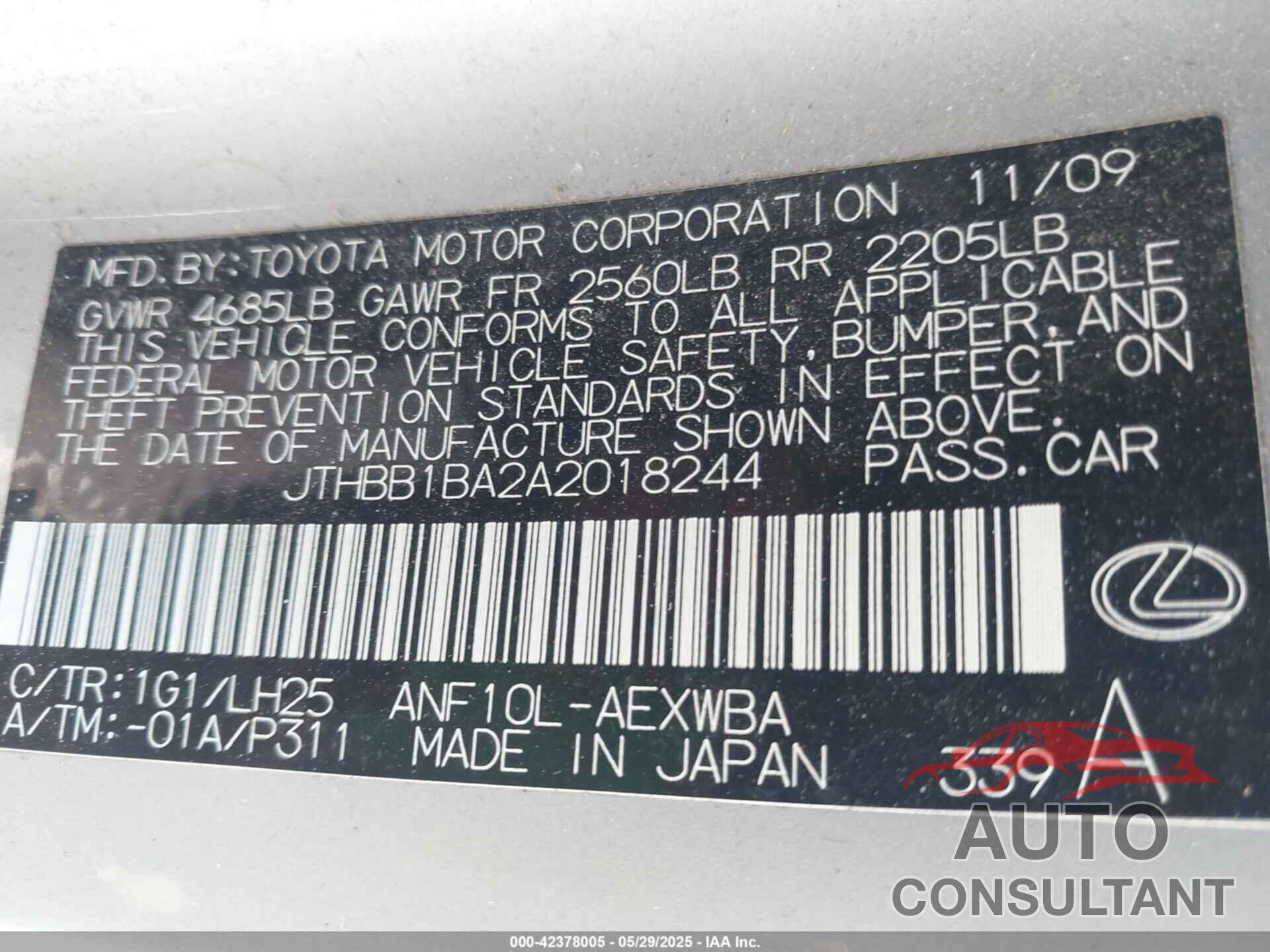 LEXUS HS 250H 2010 - JTHBB1BA2A2018244