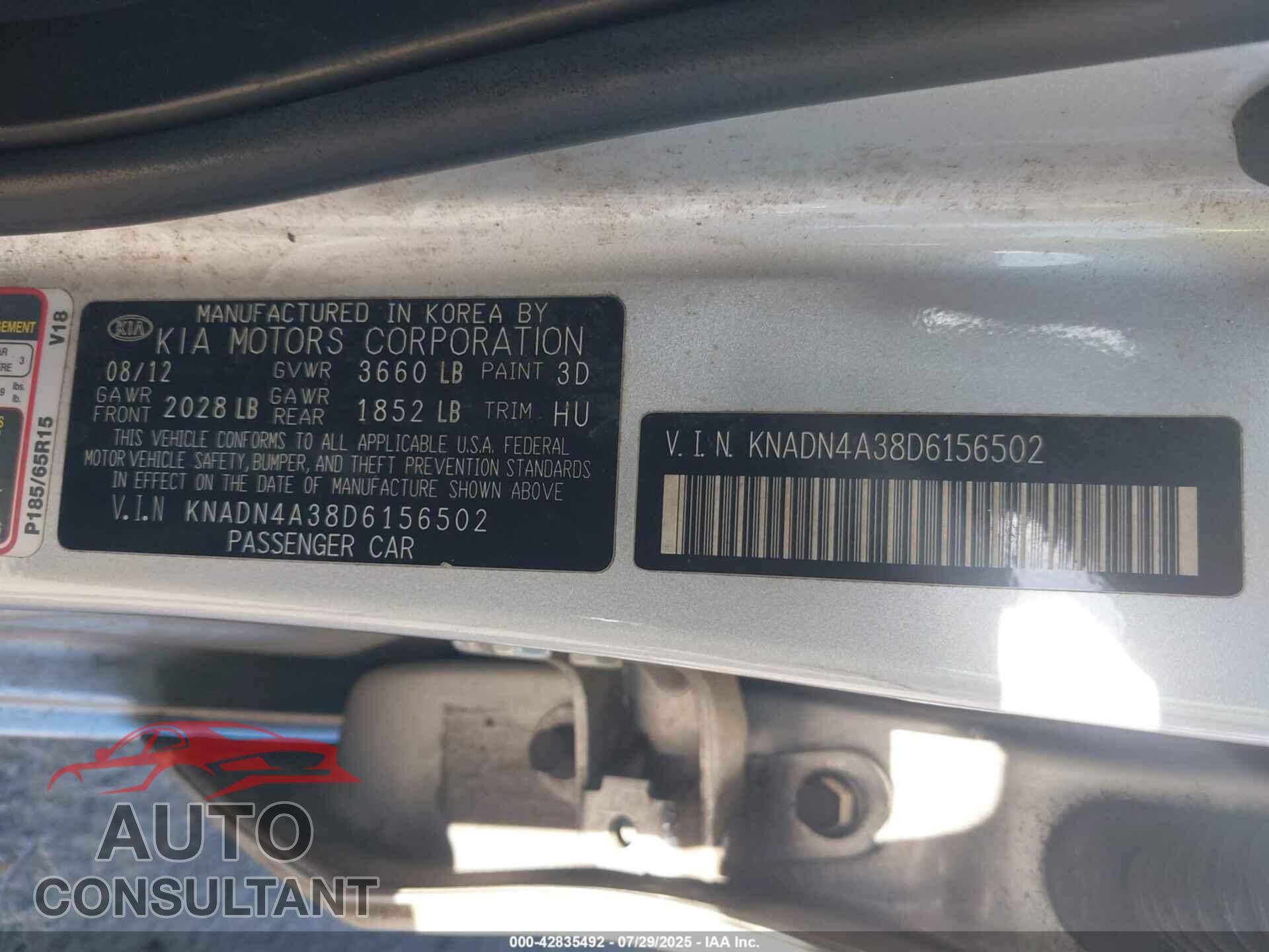 KIA RIO 2013 - KNADN4A38D6156502