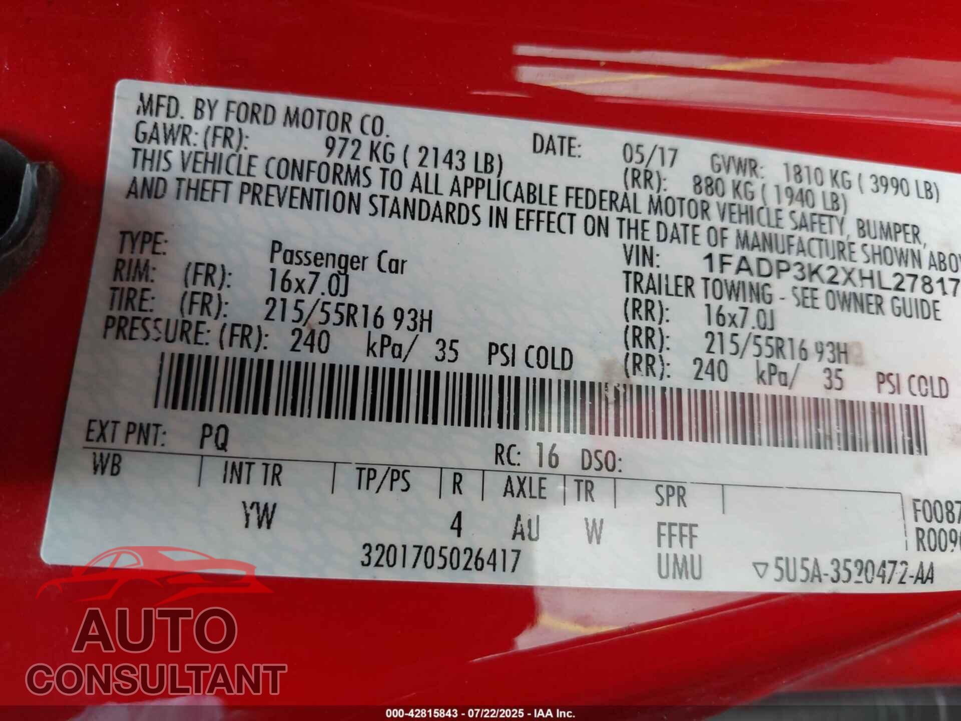 FORD FOCUS 2017 - 1FADP3K2XHL278174