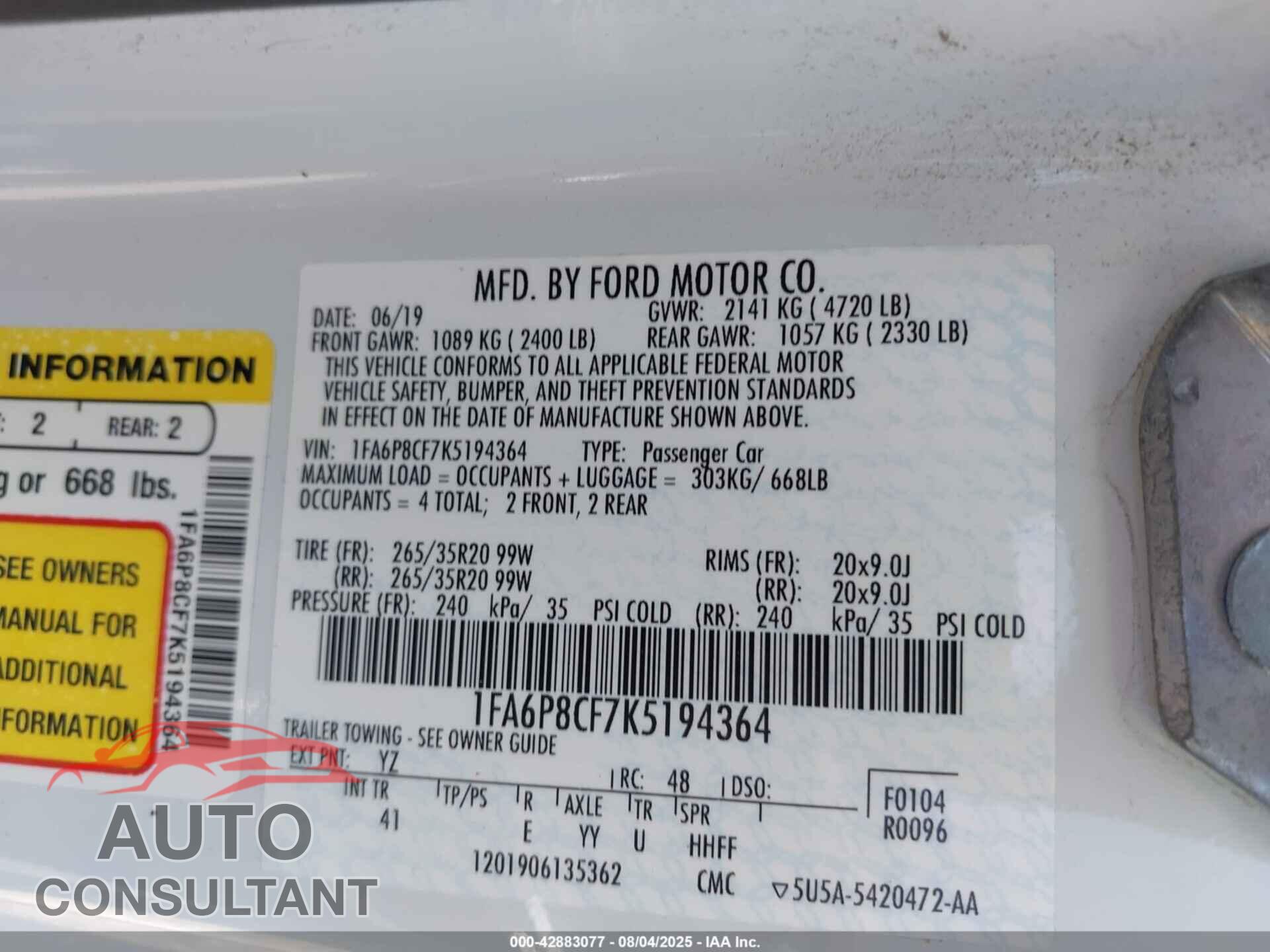 FORD MUSTANG 2019 - 1FA6P8CF7K5194364