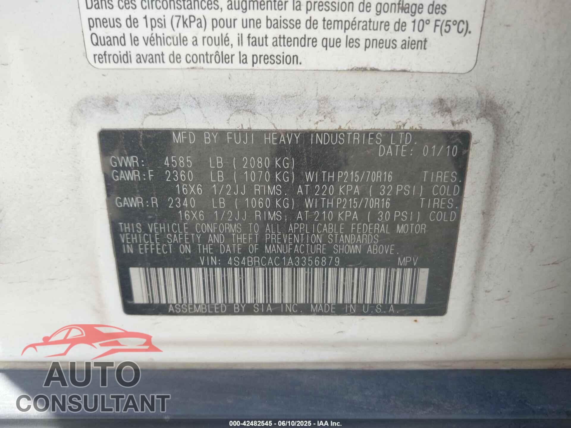SUBARU OUTBACK 2010 - 4S4BRCAC1A3356879