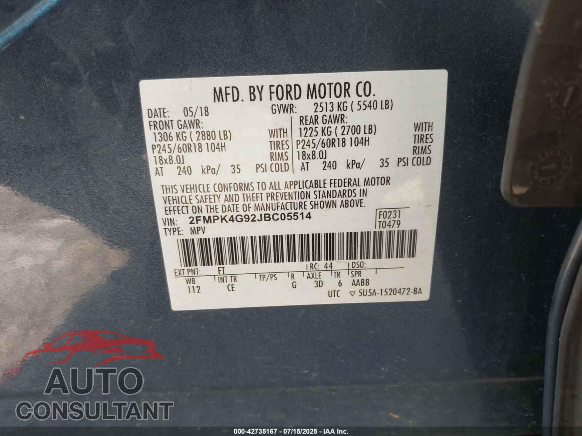 FORD EDGE 2018 - 2FMPK4G92JBC05514