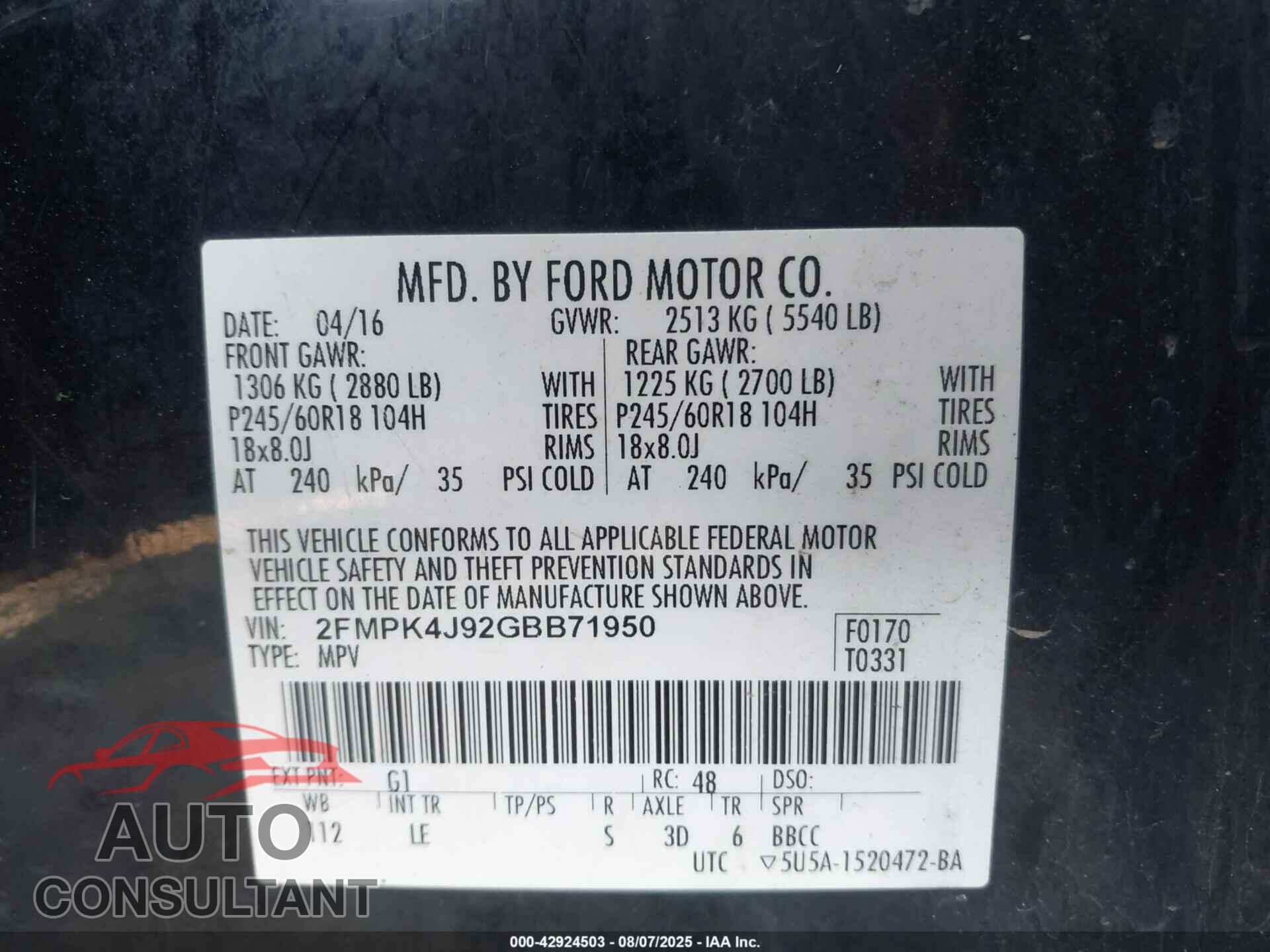 FORD EDGE 2016 - 2FMPK4J92GBB71950