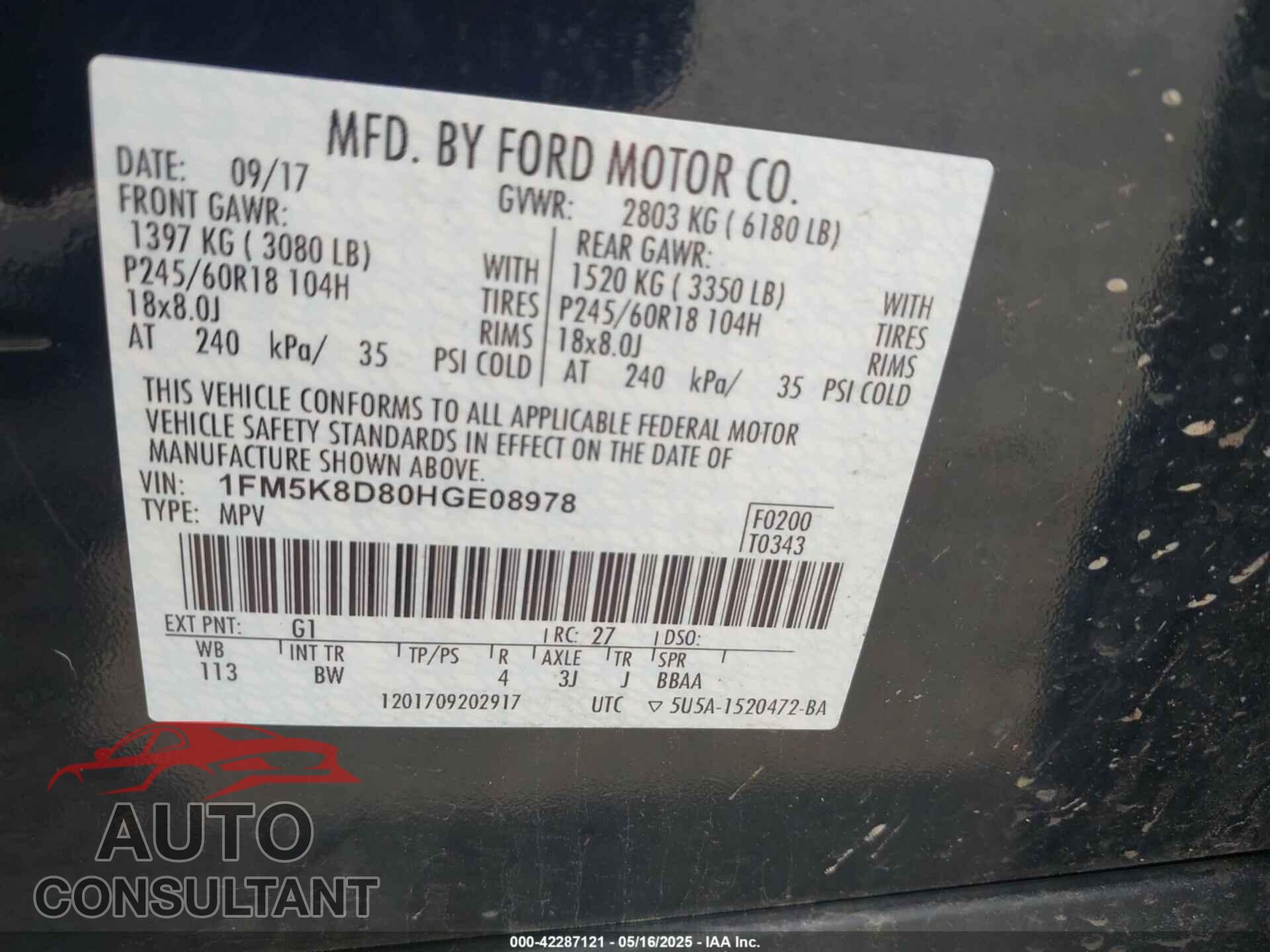 FORD EXPLORER 2017 - 1FM5K8D80HGE08978