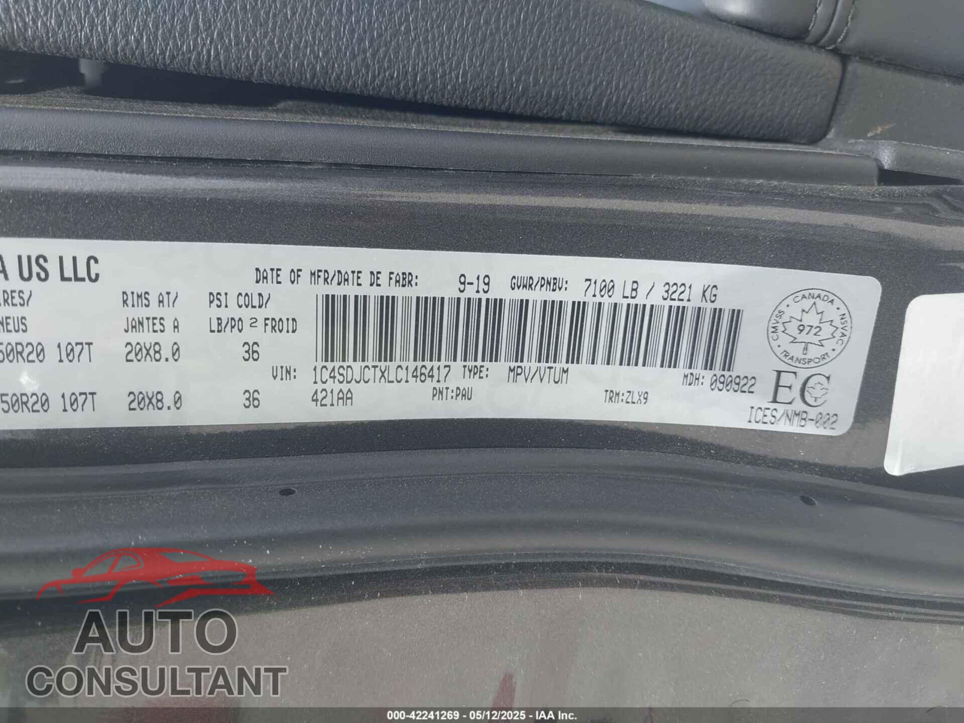 DODGE DURANGO 2020 - 1C4SDJCTXLC146417