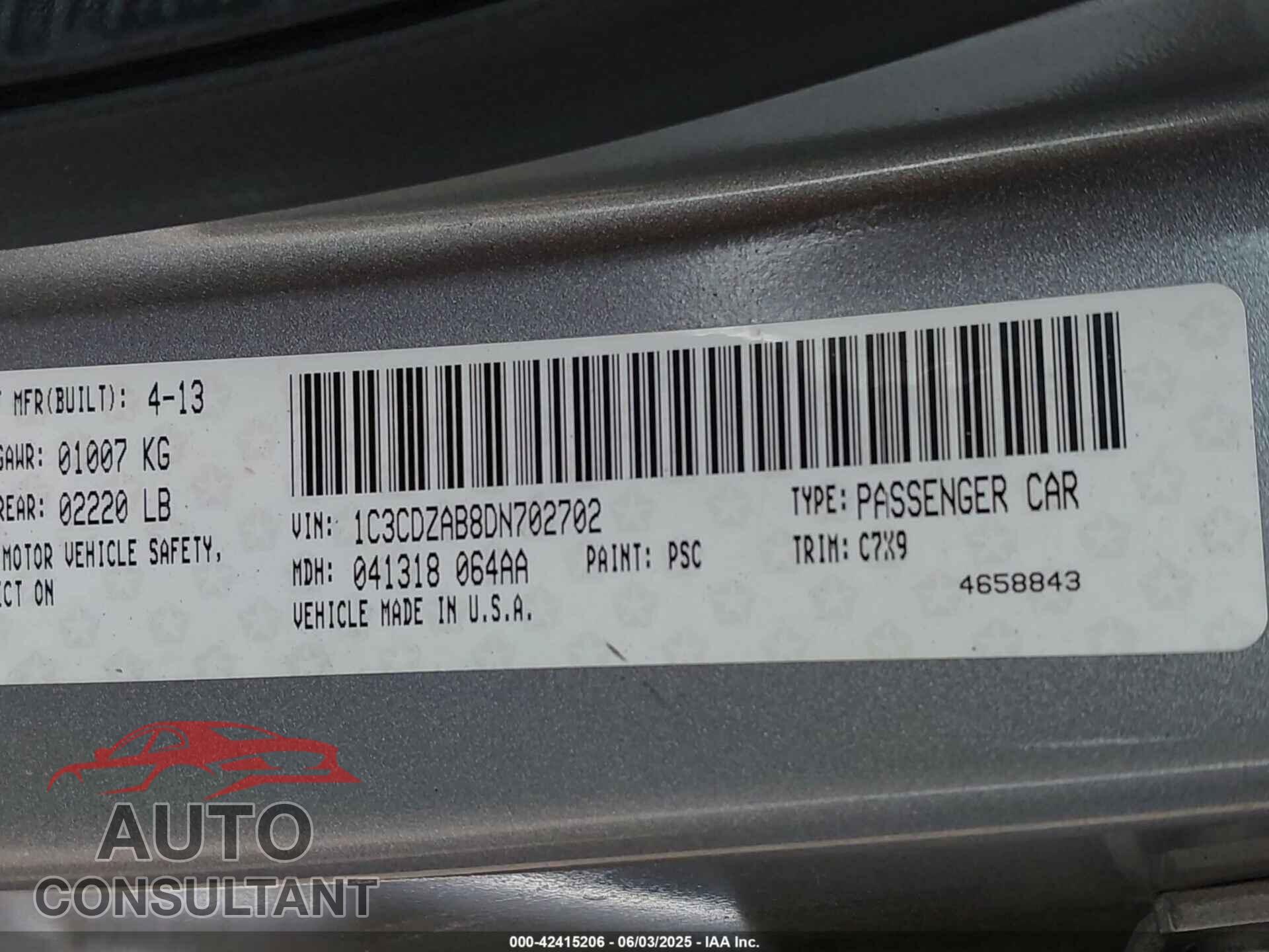 DODGE AVENGER 2013 - 1C3CDZAB8DN702702