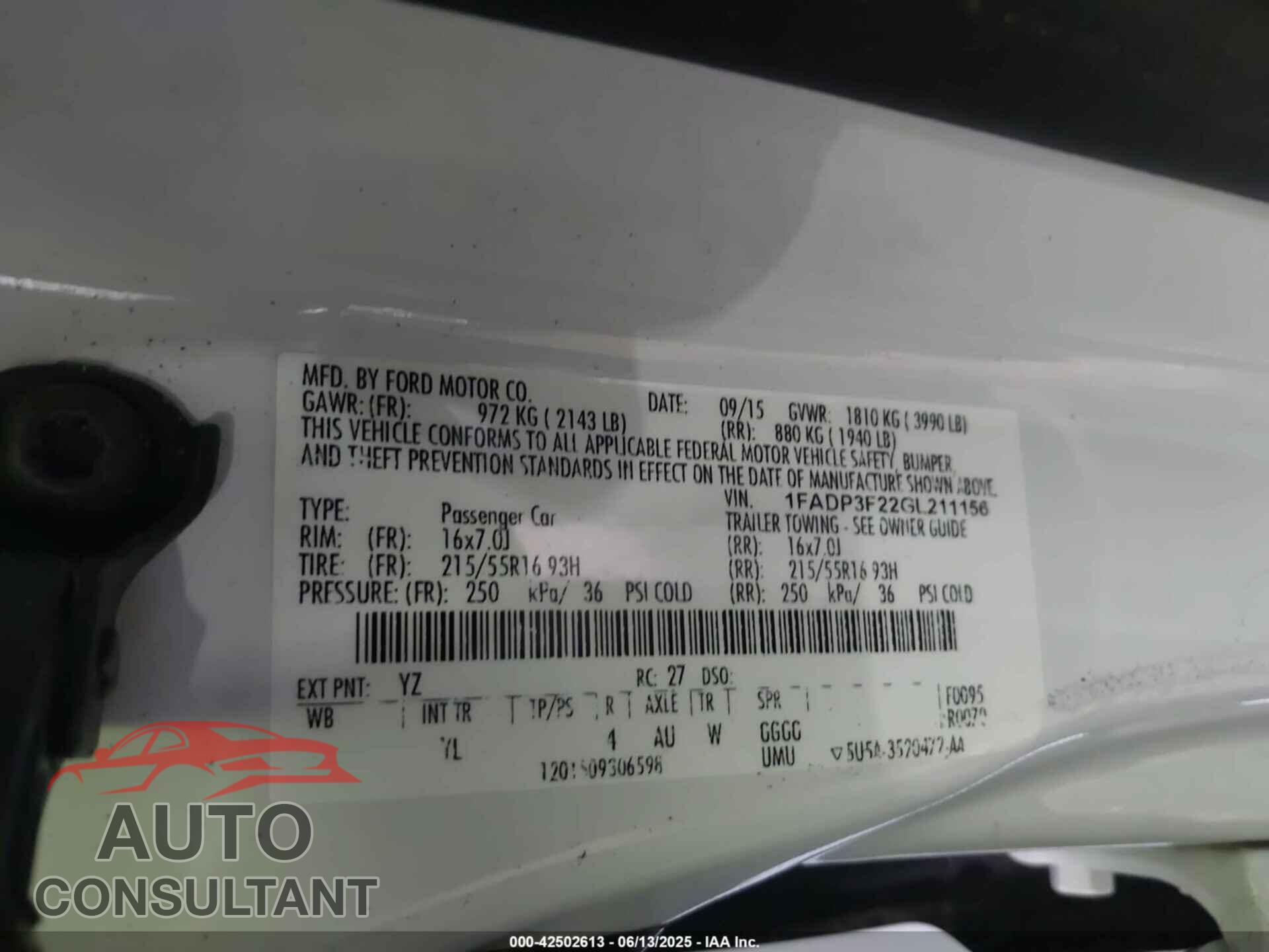 FORD FOCUS 2016 - 1FADP3F22GL211156