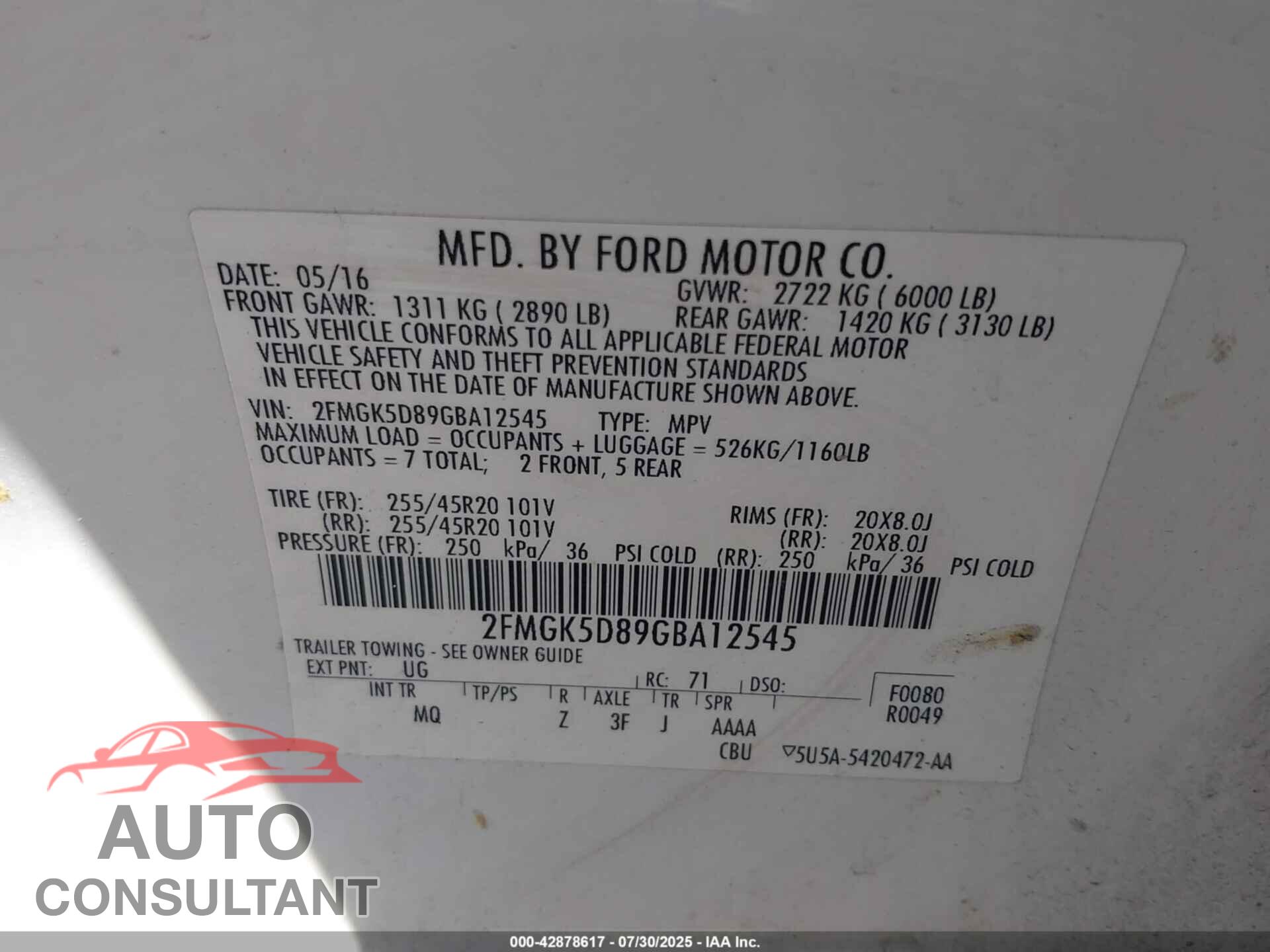 FORD FLEX 2016 - 2FMGK5D89GBA12545