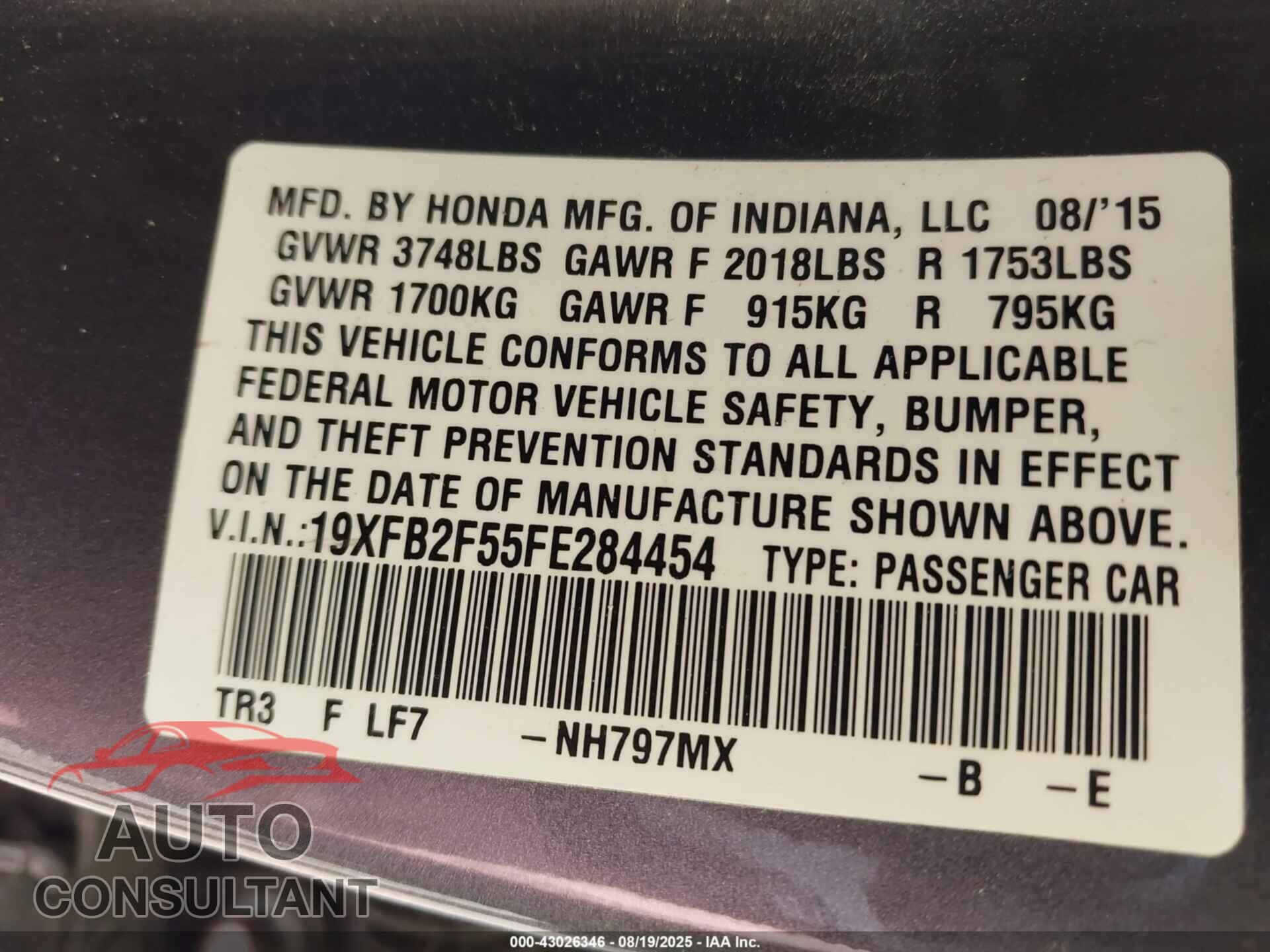 HONDA CIVIC 2015 - 19XFB2F55FE284454