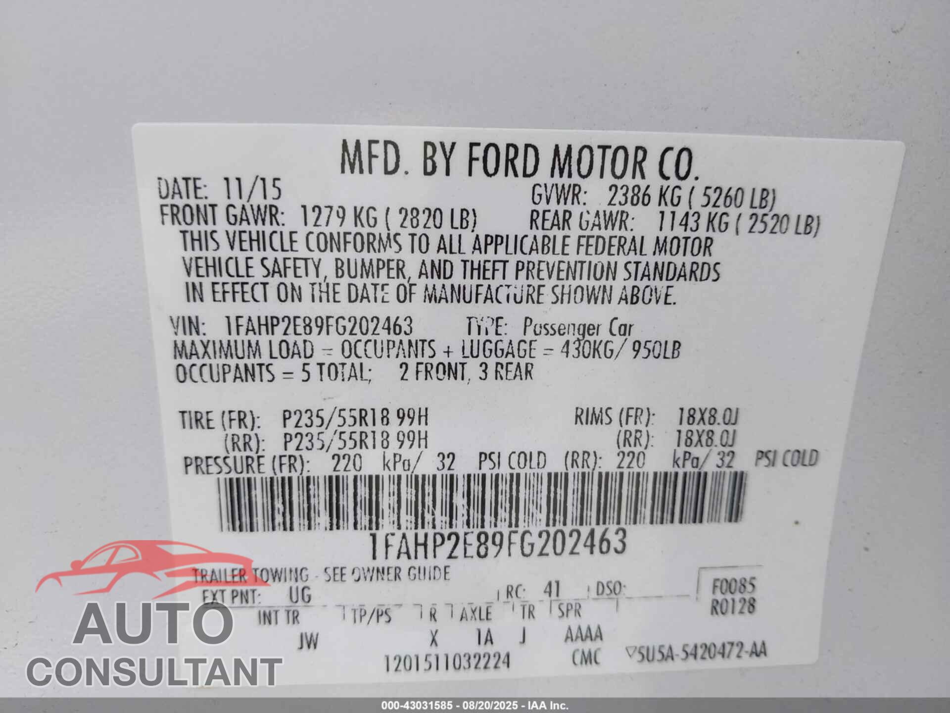 FORD TAURUS 2015 - 1FAHP2E89FG202463
