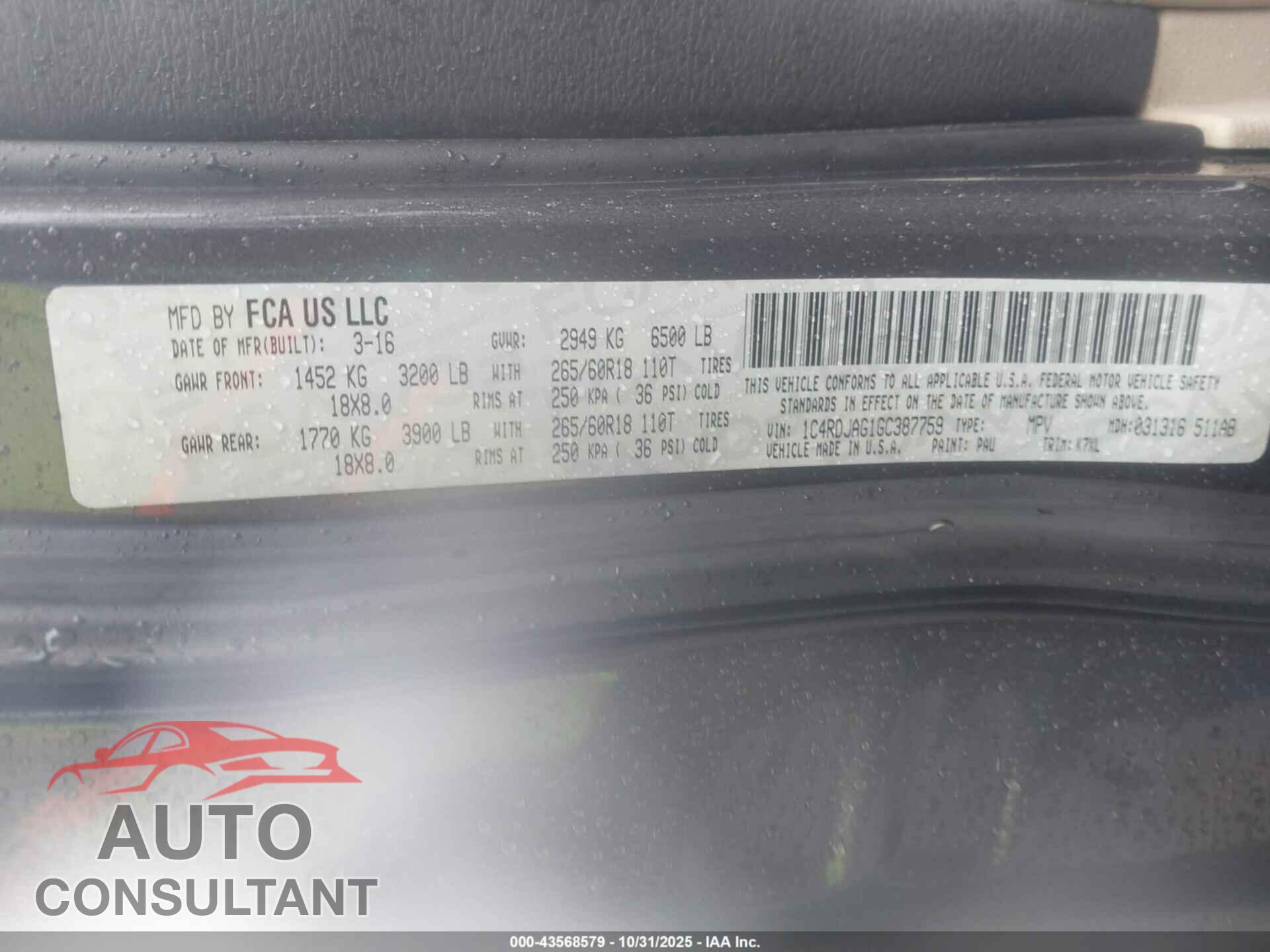 DODGE DURANGO 2016 - 1C4RDJAG1GC387759