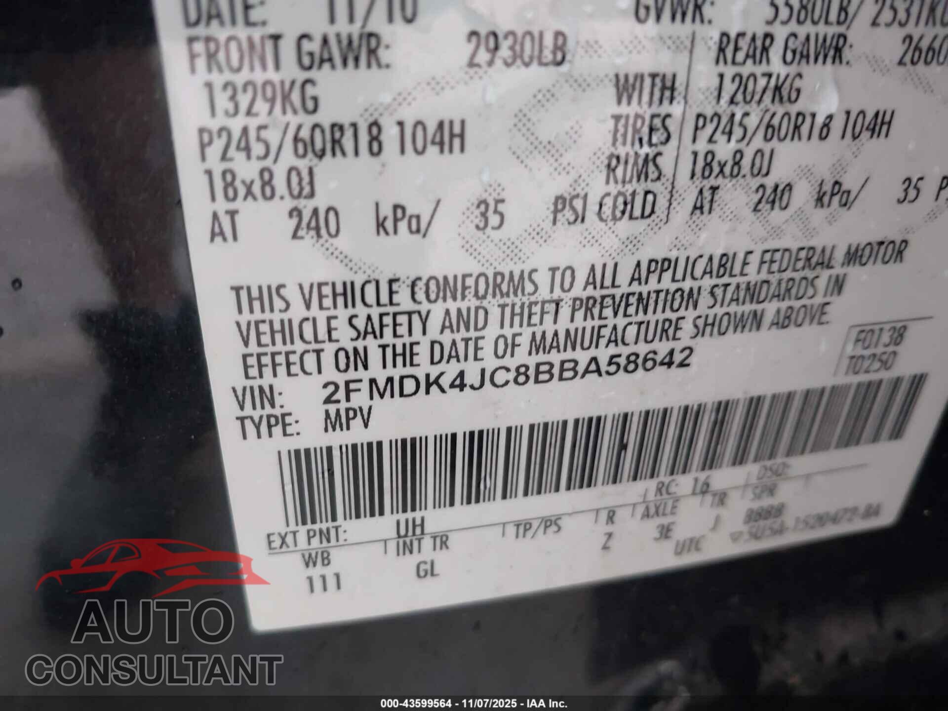 FORD EDGE 2011 - 2FMDK4JC8BBA58642