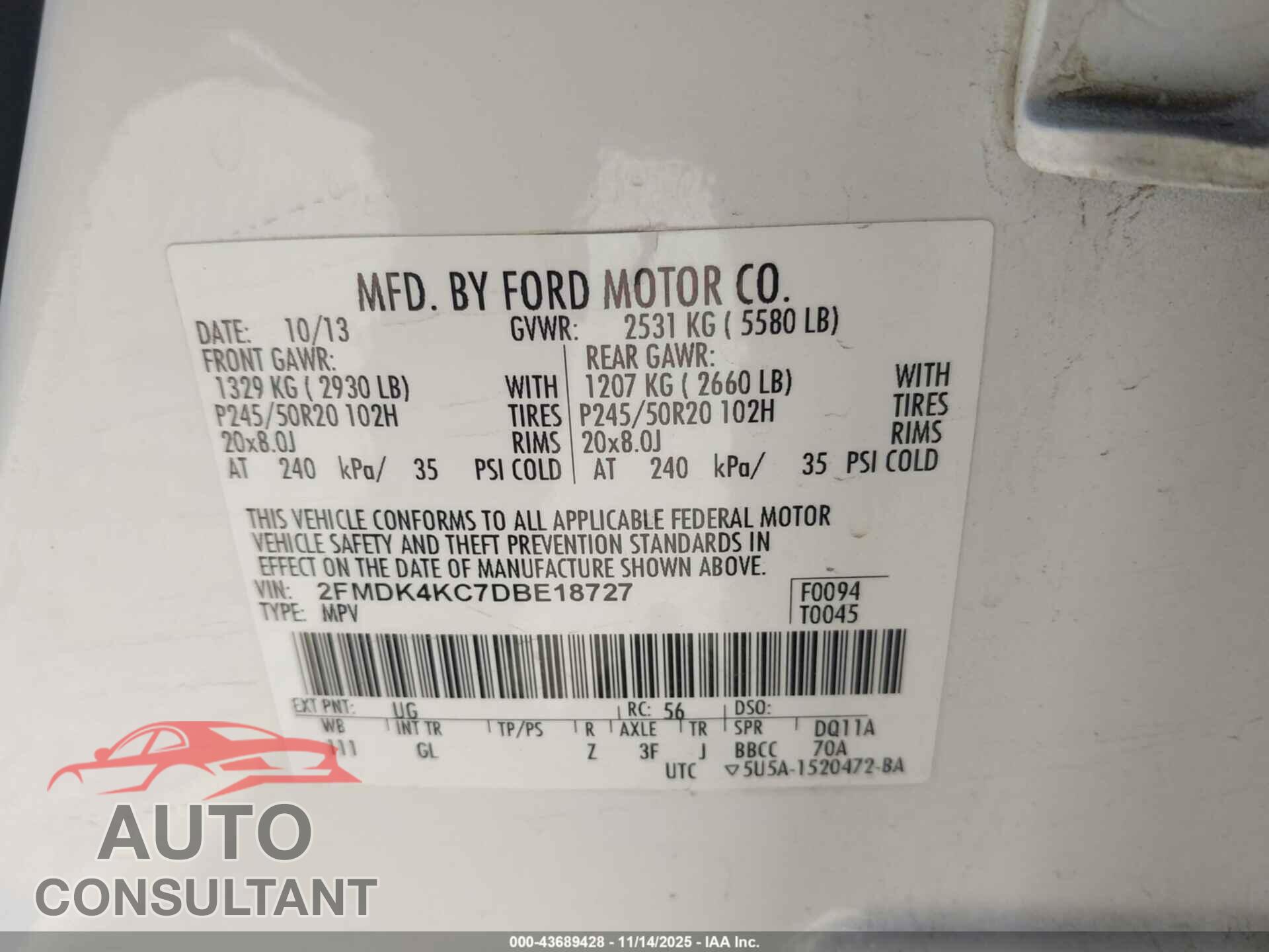 FORD EDGE 2013 - 2FMDK4KC7DBE18727