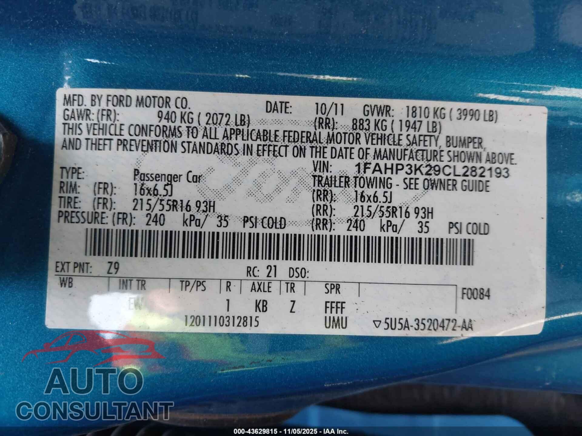 FORD FOCUS 2012 - 1FAHP3K29CL282193