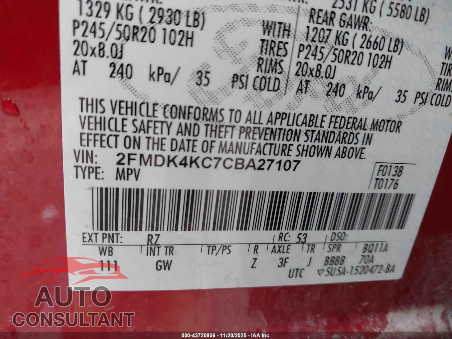 FORD EDGE 2012 - 2FMDK4KC7CBA27107