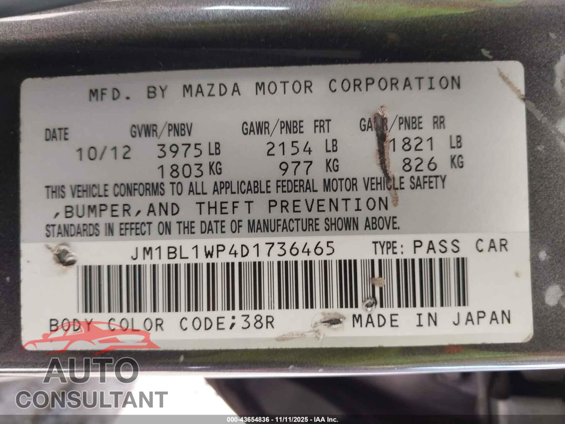 MAZDA MAZDA3 2013 - JM1BL1WP4D1736465
