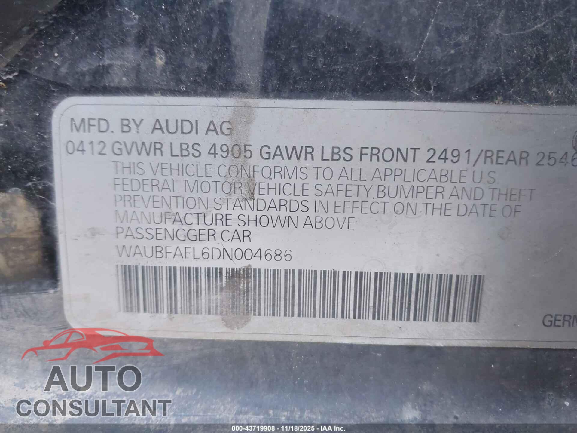 AUDI A4 2013 - WAUBFAFL6DN004686