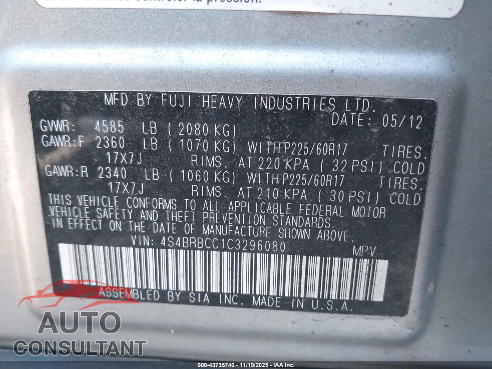 SUBARU OUTBACK 2012 - 4S4BRBCC1C3296080