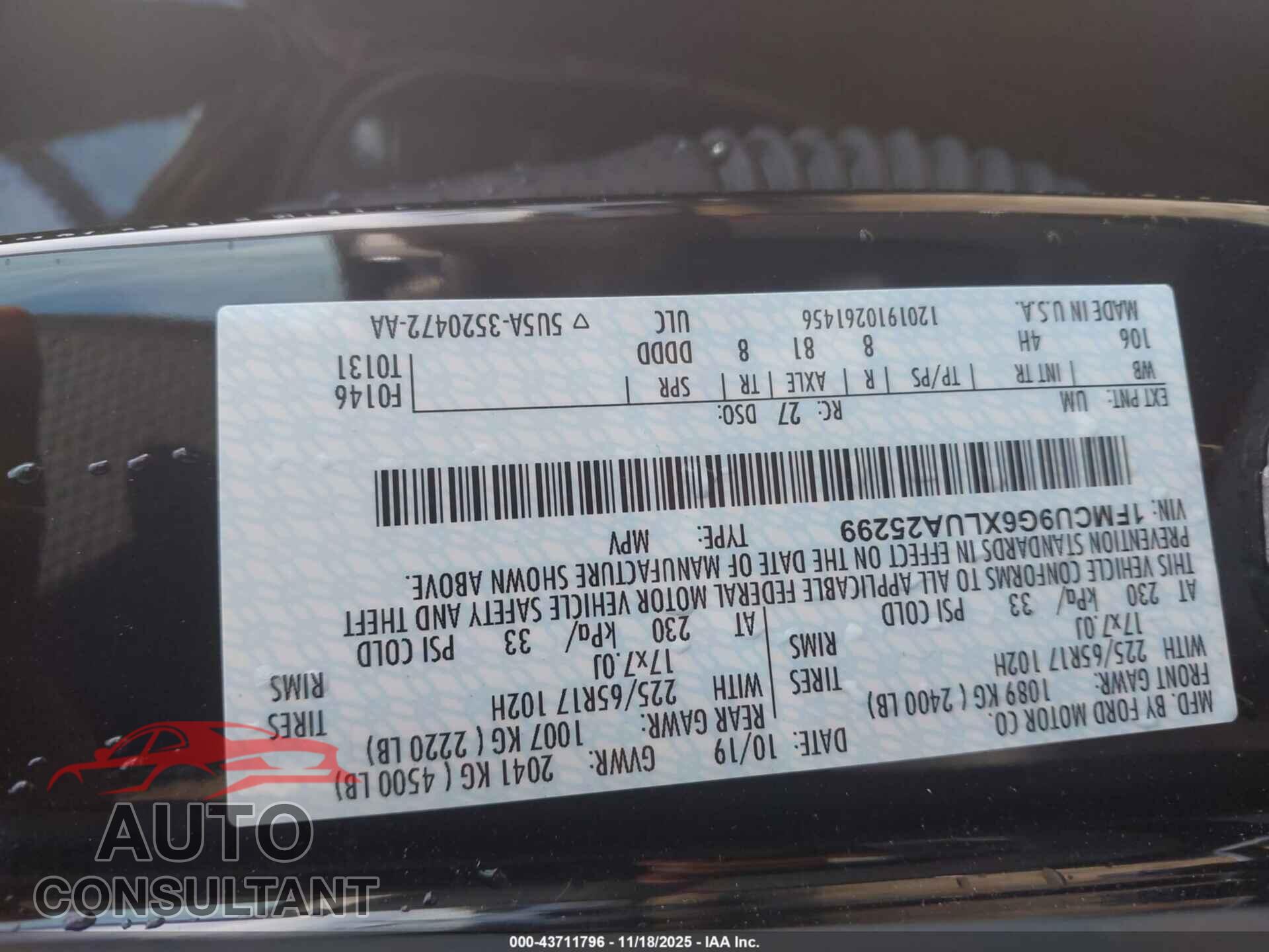 FORD ESCAPE 2020 - 1FMCU9G6XLUA25299