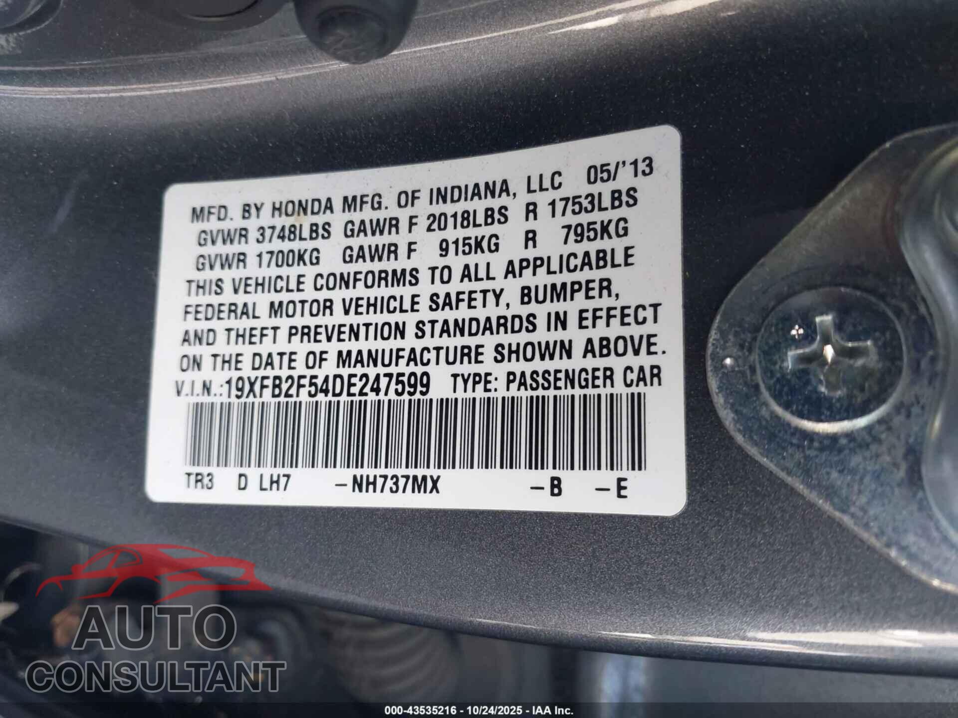 HONDA CIVIC 2013 - 19XFB2F54DE247599