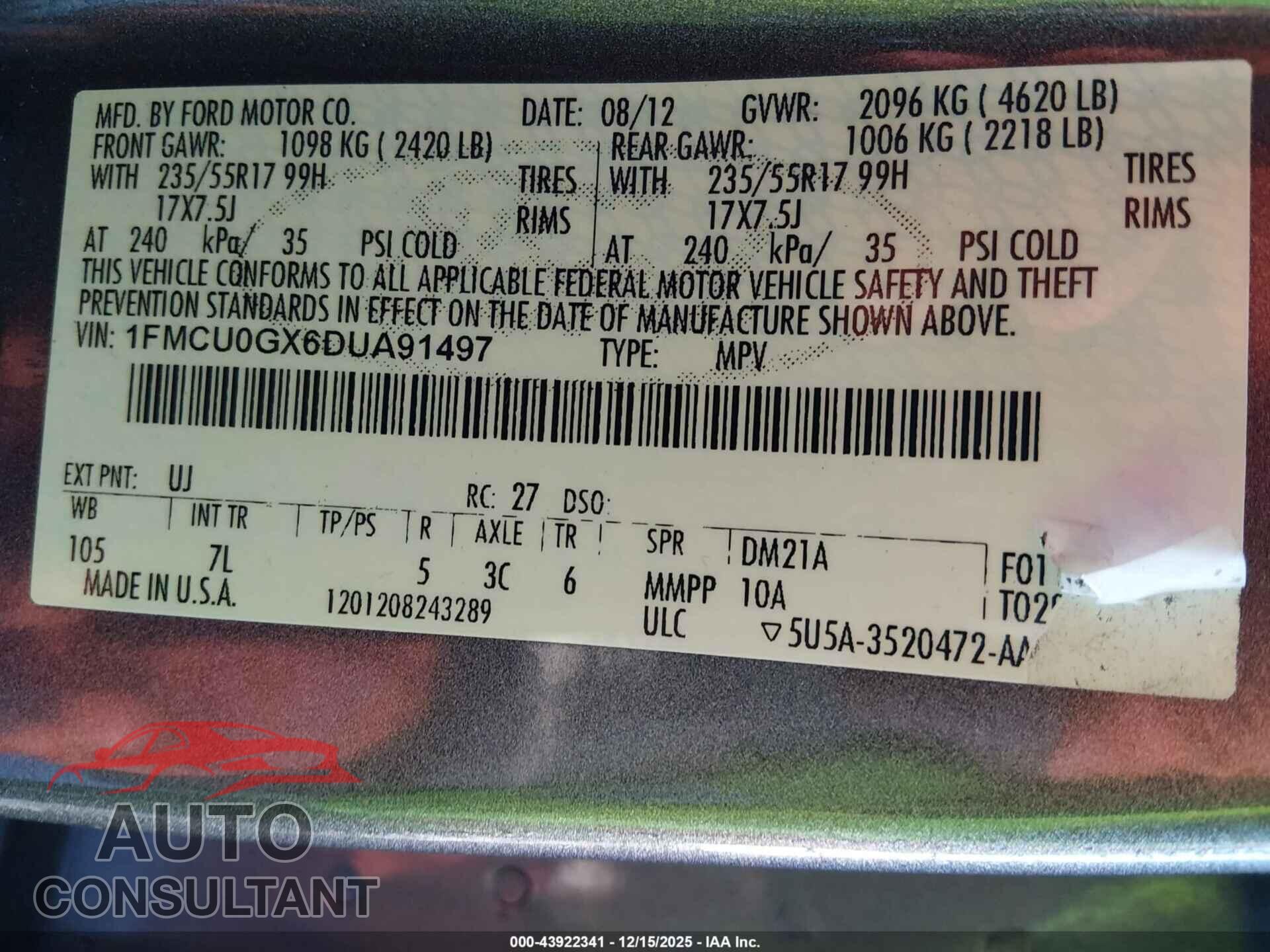 FORD ESCAPE 2013 - 1FMCU0GX6DUA91497