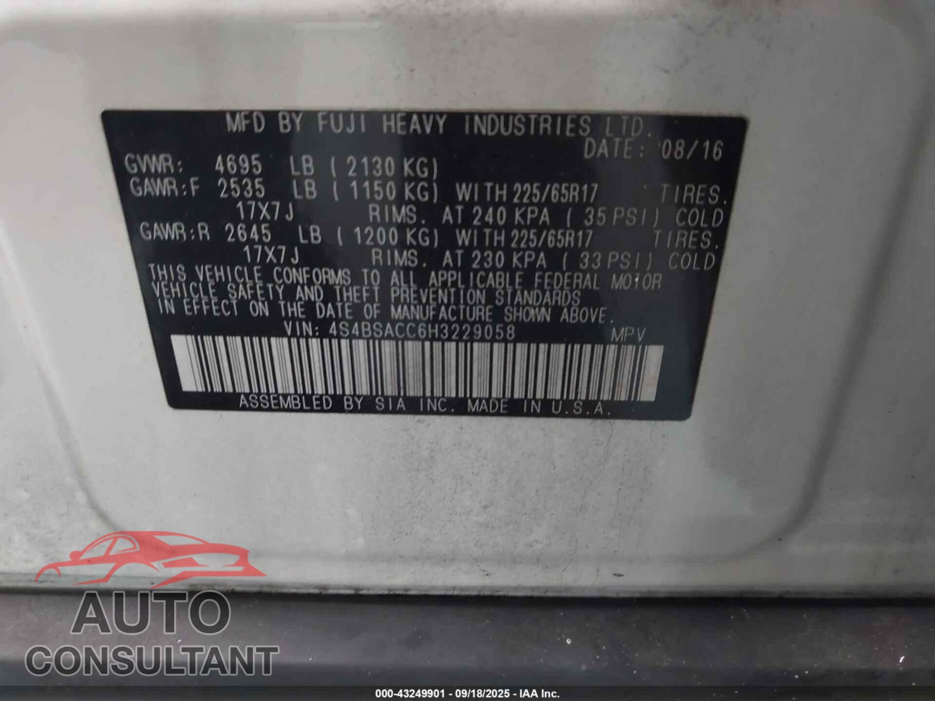 SUBARU OUTBACK 2017 - 4S4BSACC6H3229058