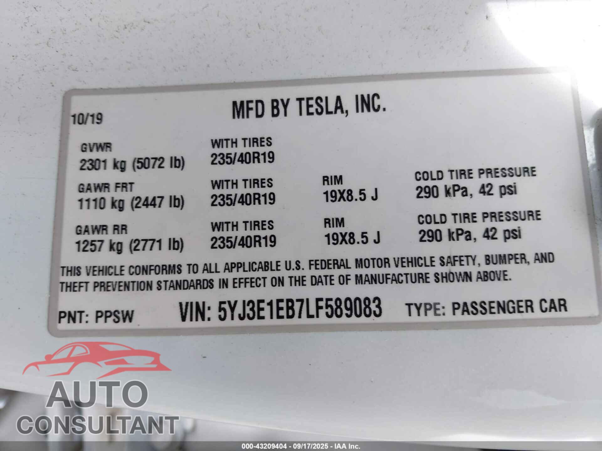 TESLA MODEL 3 2020 - 5YJ3E1EB7LF589083