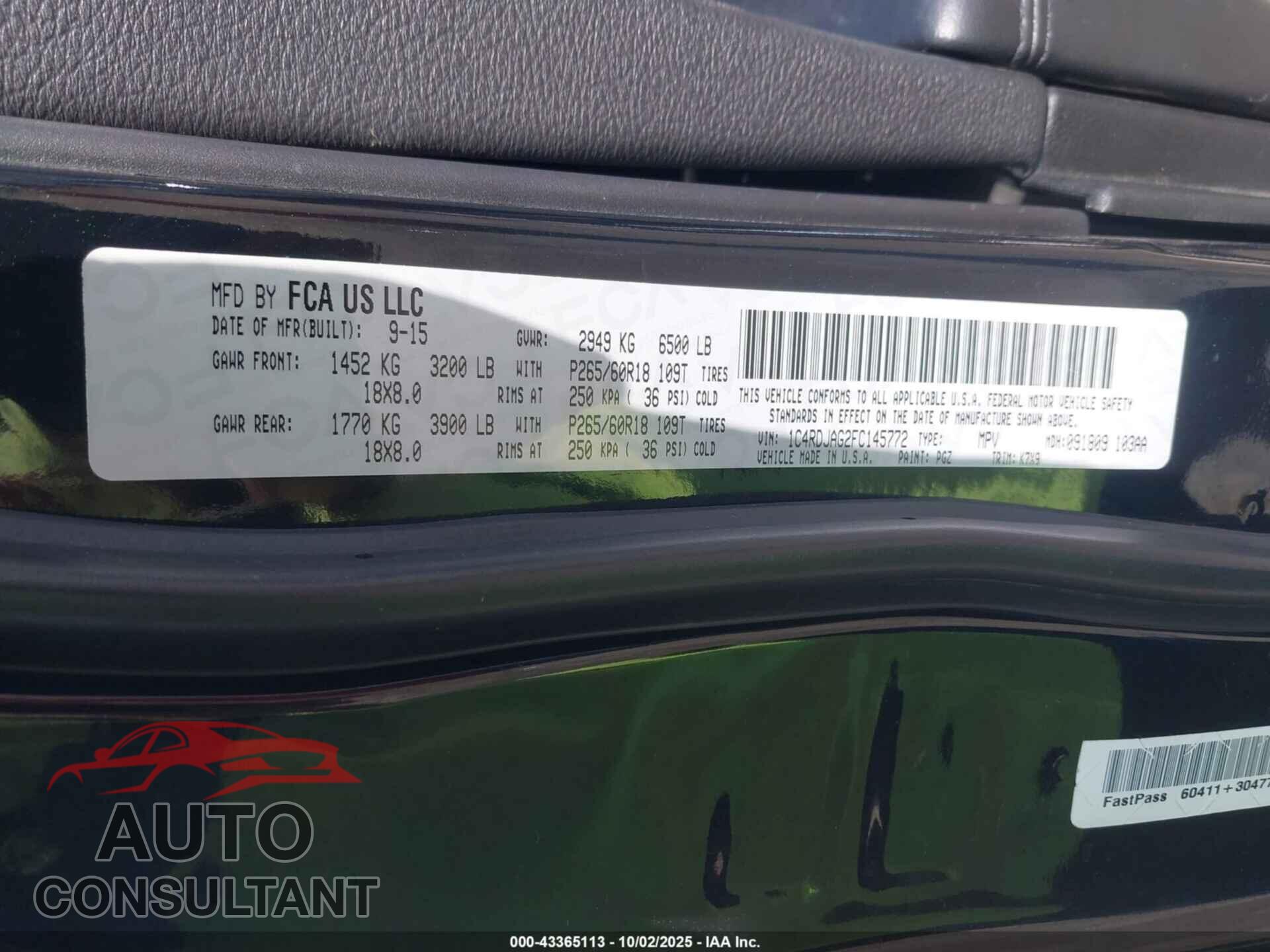 DODGE DURANGO 2015 - 1C4RDJAG2FC145772