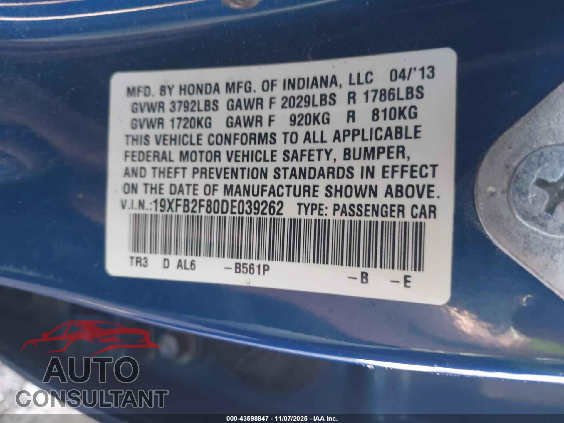 HONDA CIVIC 2013 - 19XFB2F80DE039262