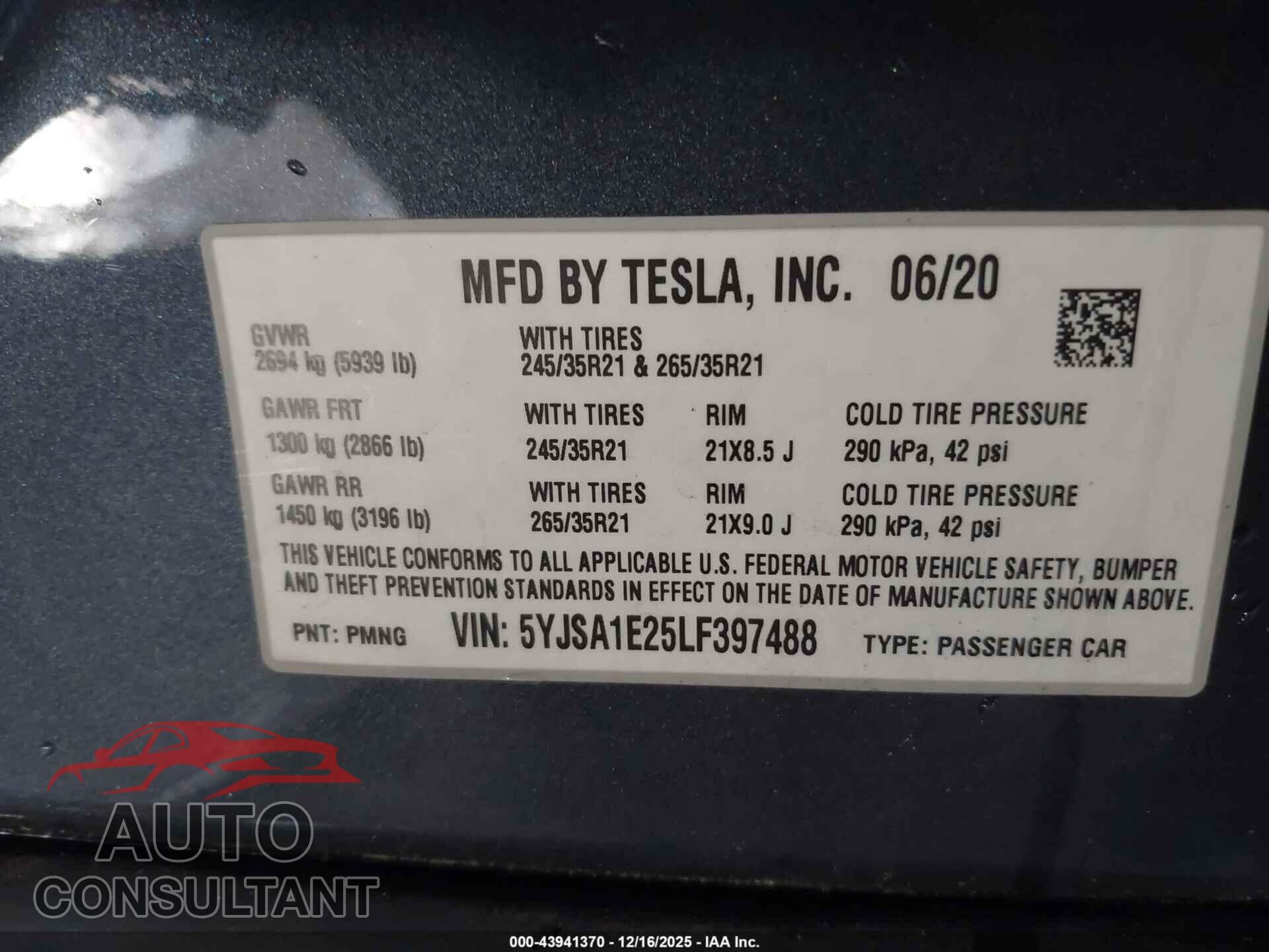 TESLA MODEL S 2020 - 5YJSA1E25LF397488